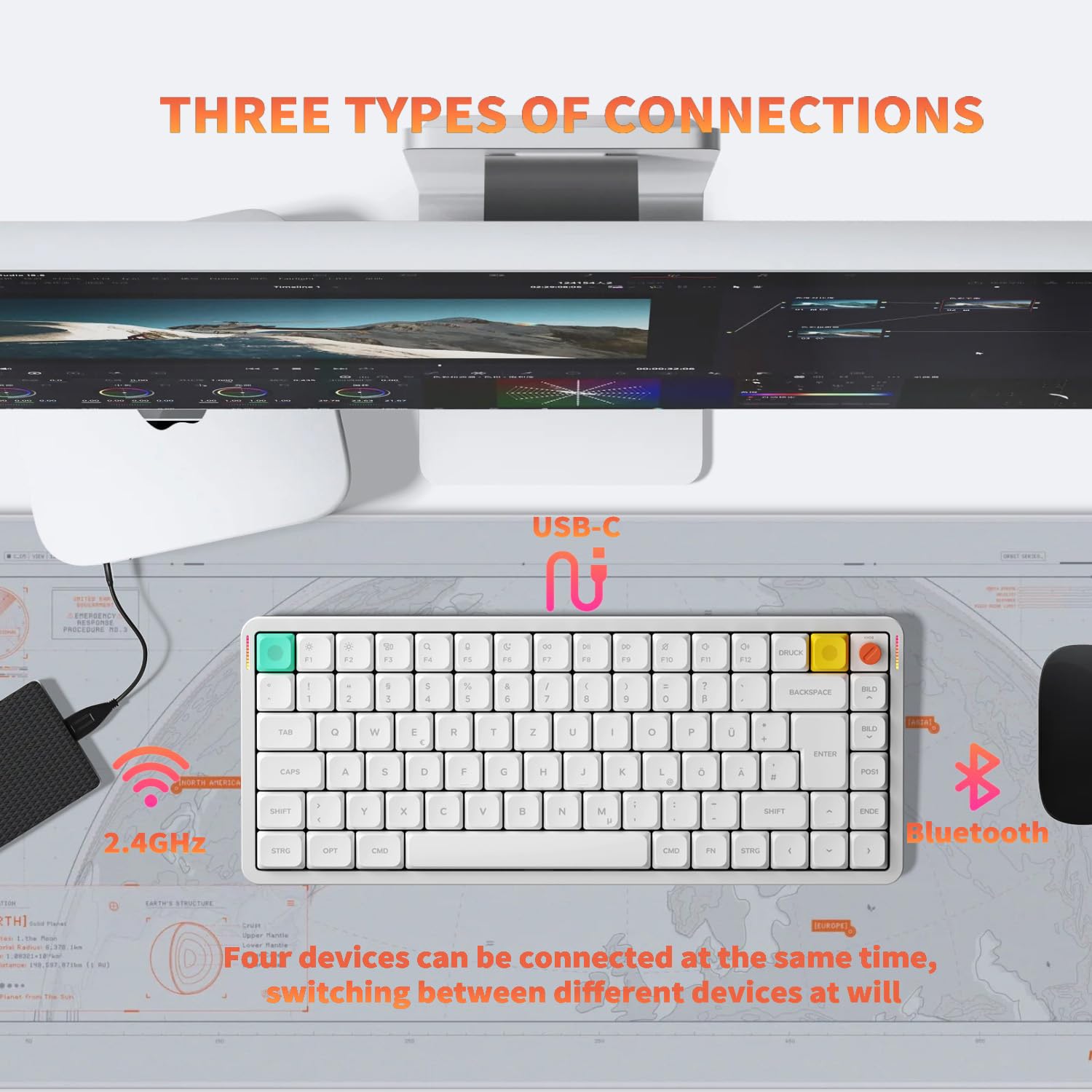 nuphy Air75 V3 kabellose mechanische Tastatur,75% Low Profile Keyboard with Knob, Hot Swap Gaming-Tastatur unterstützt Bluetooth/2,4 GHz/USB-C，Deutsches Layout QWERTZ（White/Blush Nano Switch）