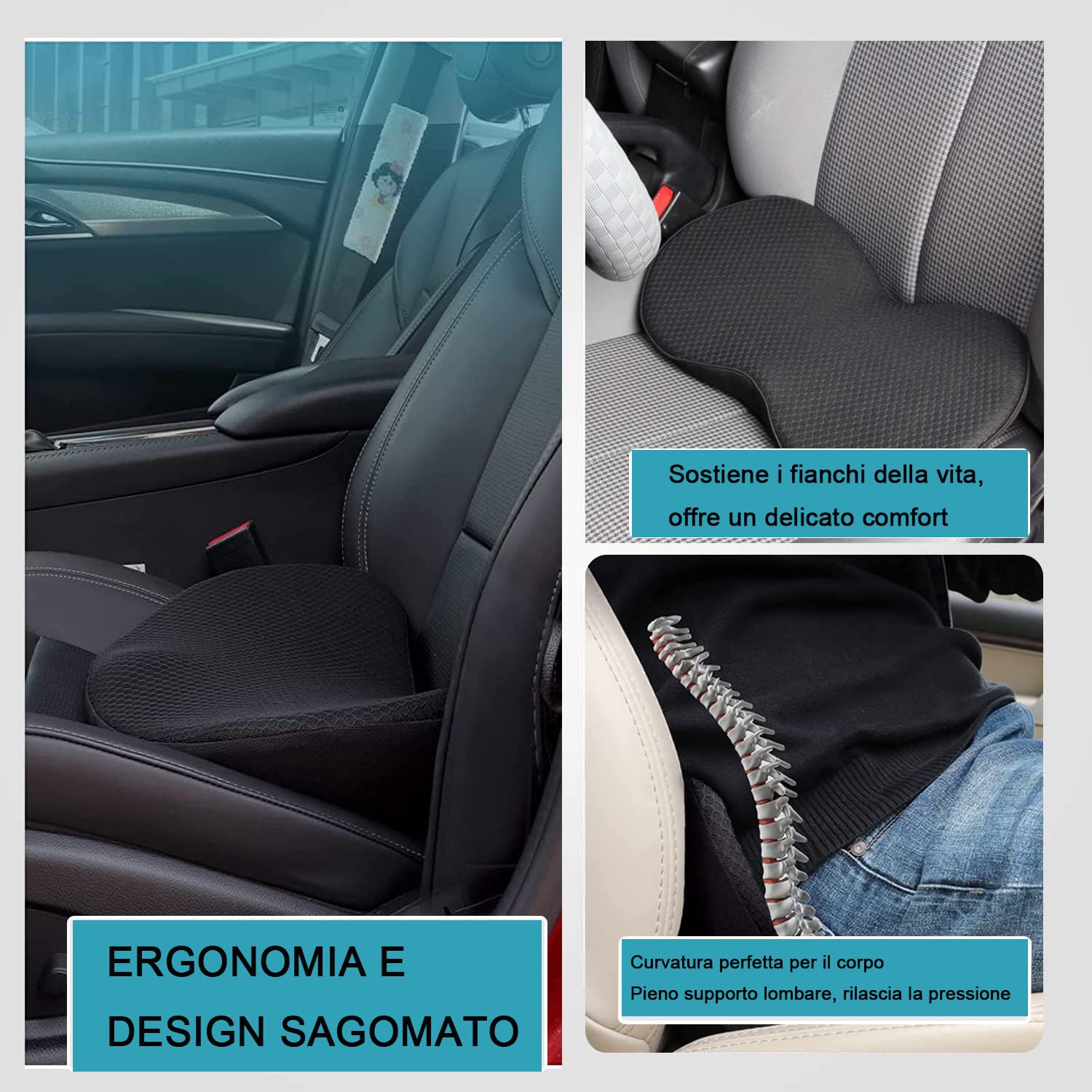 Cuscino per Sedile Auto, Cuscino del Sedile a Cuneo, Cuscino Universale Memory Foam Schiena per Auto, Cuscino Lombare Auto Lavabile traspirante,Per Auto, Furgoni e Camion Nero