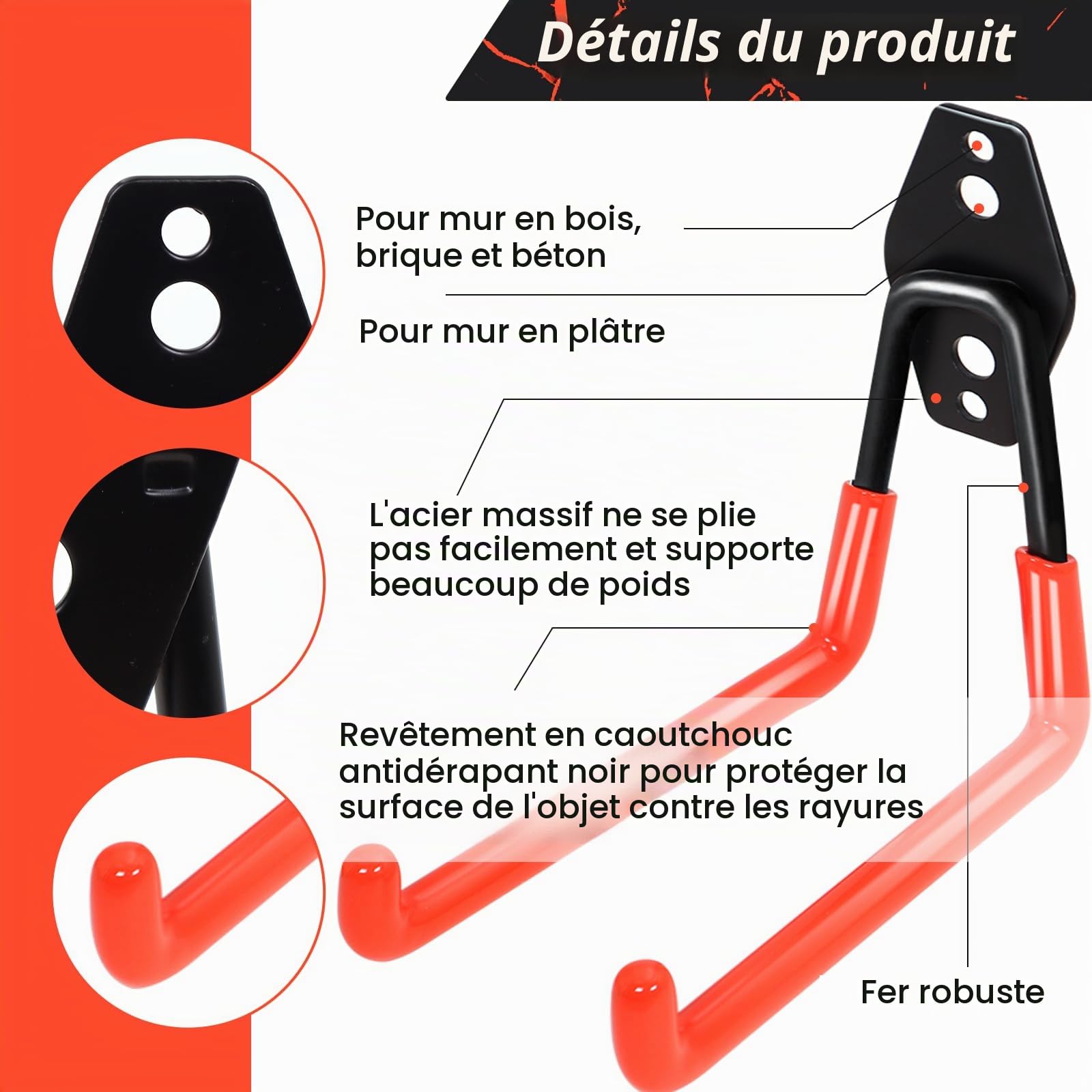 Lot de 15 crochets de garage robustes, système de rangement pour outils de jardin, échelles, vélos, tuyaux d'arrosage, avec revêtement antidérapant et fixation murale