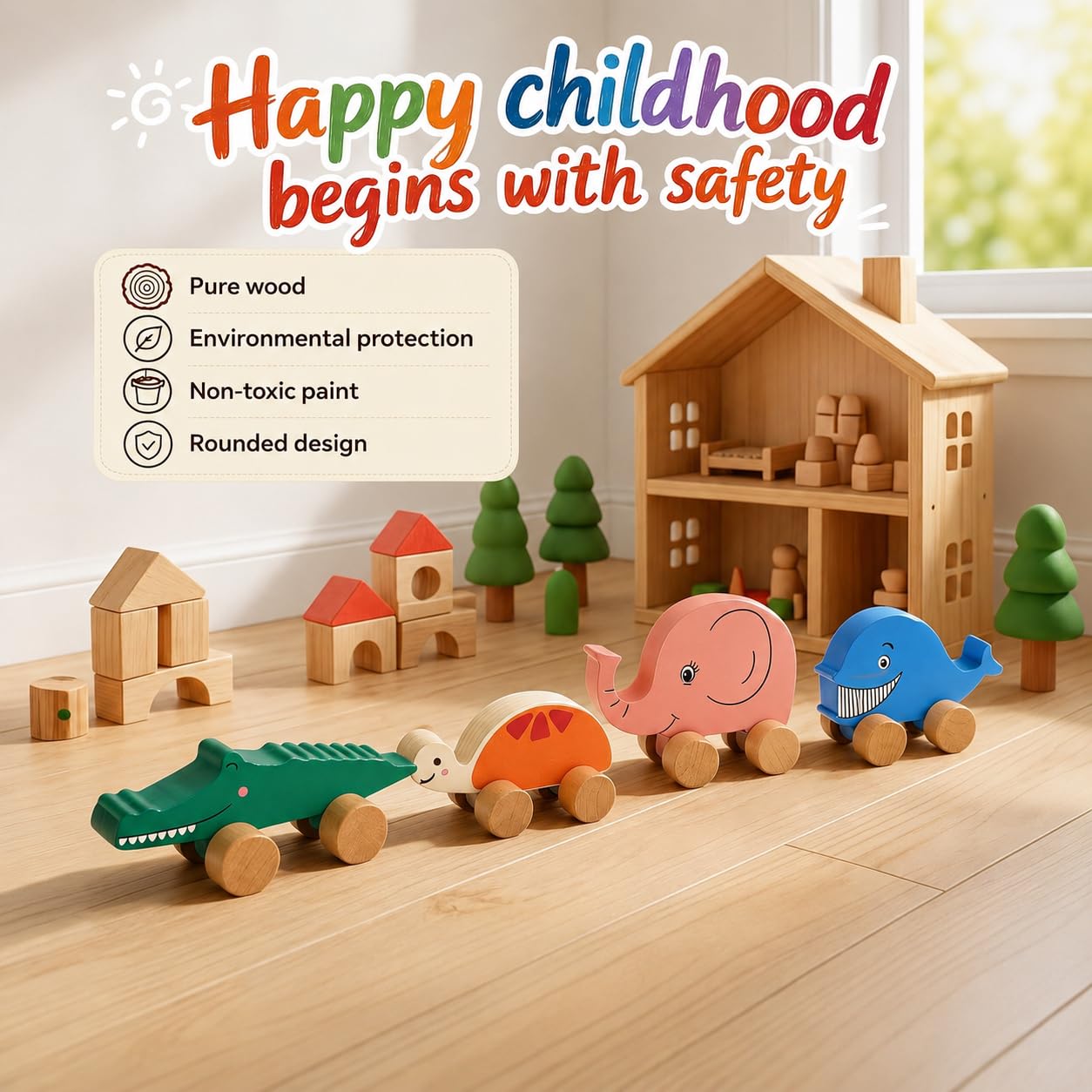 Toys of Wood Oxford TOWO Drewniane samochody dla małych dzieci – zwierzęta na kółkach – pojazdy sensoryczne chwytające – Push and Go First Trucks dla dzieci od 12 miesięcy