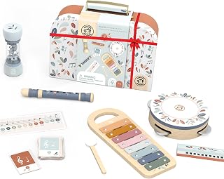 SPEEDY MONKEY Musical Set – 5 Instruments: Xylophone, Tambourine, Rainmaker, Recorder & Harmonica, Colorful & Safe, Non-Toxic Paint, Ideal for Beginners & Kids 3+ Years