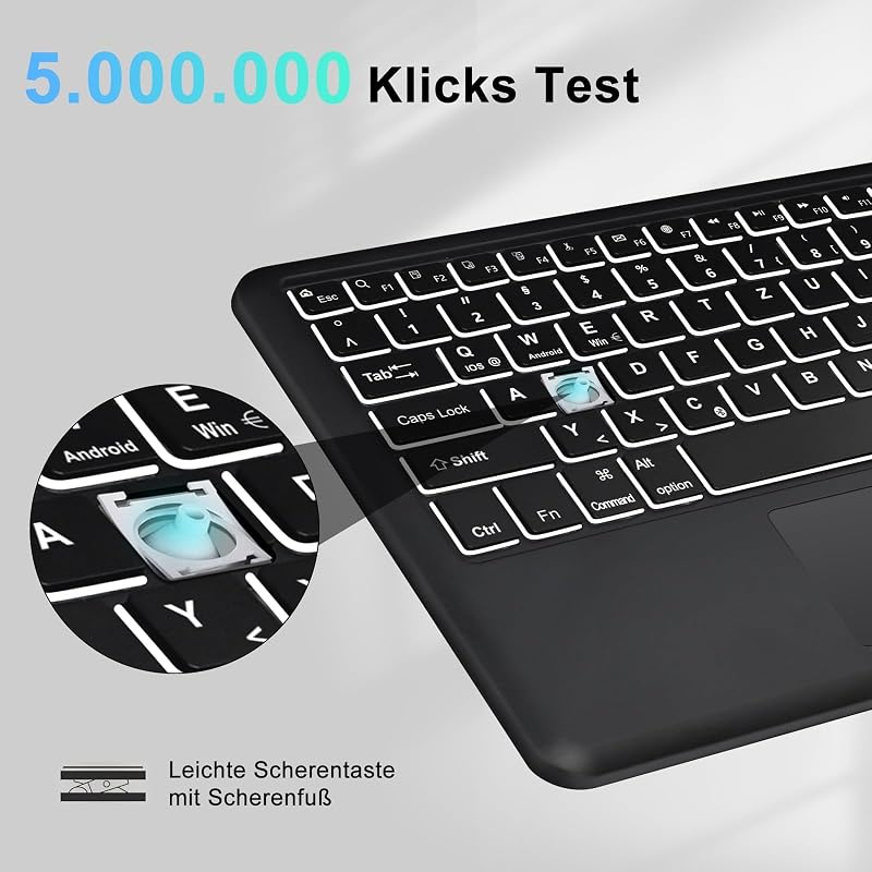 SENGBIRCH Bluetooth Billentyűzet Érintőpaddal - QWERTZ Német Kiosztás, 7 Színű Háttérvilágítás, Vezeték Nélküli, Windows/Android/iOS Kompati