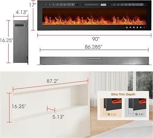 Miniatura 9 de Alohappy Chimenea eléctrica, calentador eléctrico de 50 pulgadas de ancho, empotrado en pared o montado en la pared, 12 colores de llama, 5 opciones