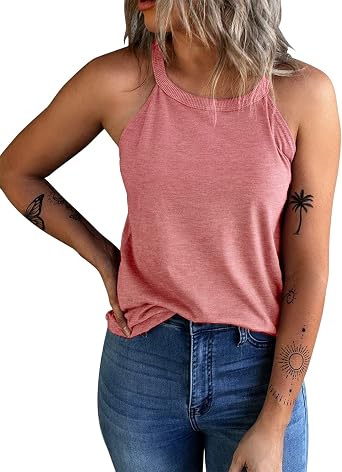 KINLONSAIR Womens Summer Sleeveless Halter Tee Shirts Crew Neck Workout Tank Tops Casual Plain Cami Shirts