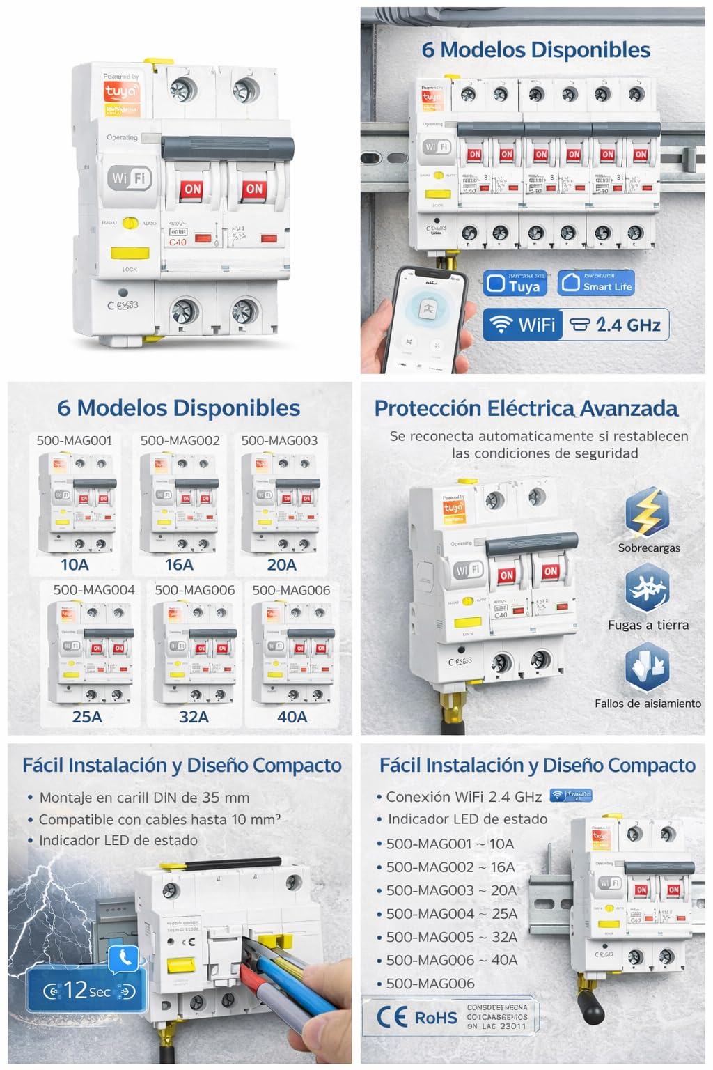 RASMACOR Interruptor Magnetotérmico Reajustable WIFI 2P 16A Curva C 6kA Compatible App Tuya Smart Domótica