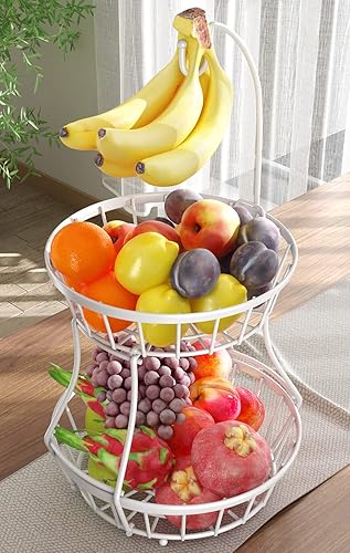 Cesta de frutas apilables para almacenamiento de verduras con soporte para colgar árboles de plátano para encimera de cocina, cesta de alambre de