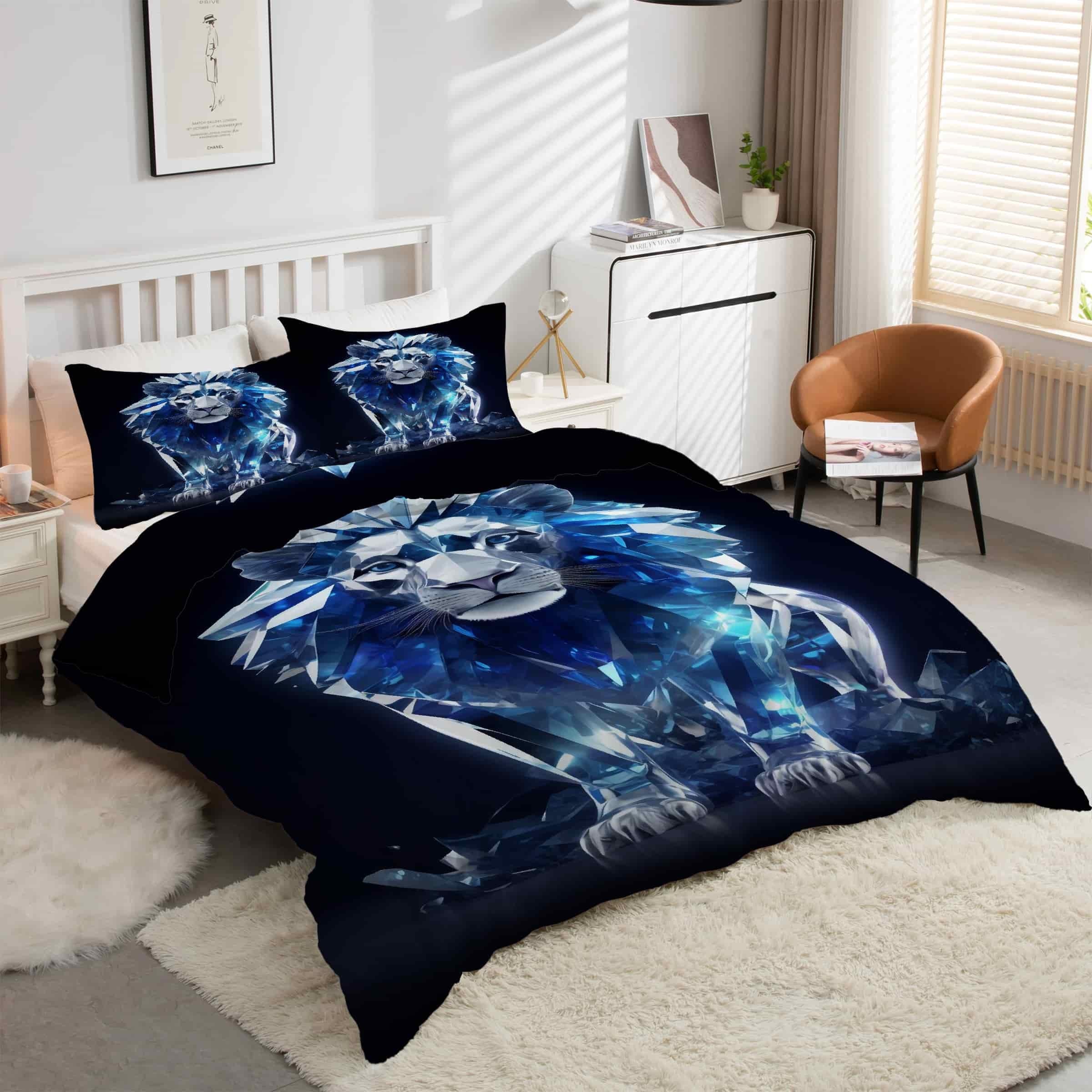Housse de Couette 160x200 LionBleu parure de lit 3 pièces microfbre avec fermeture éclair
