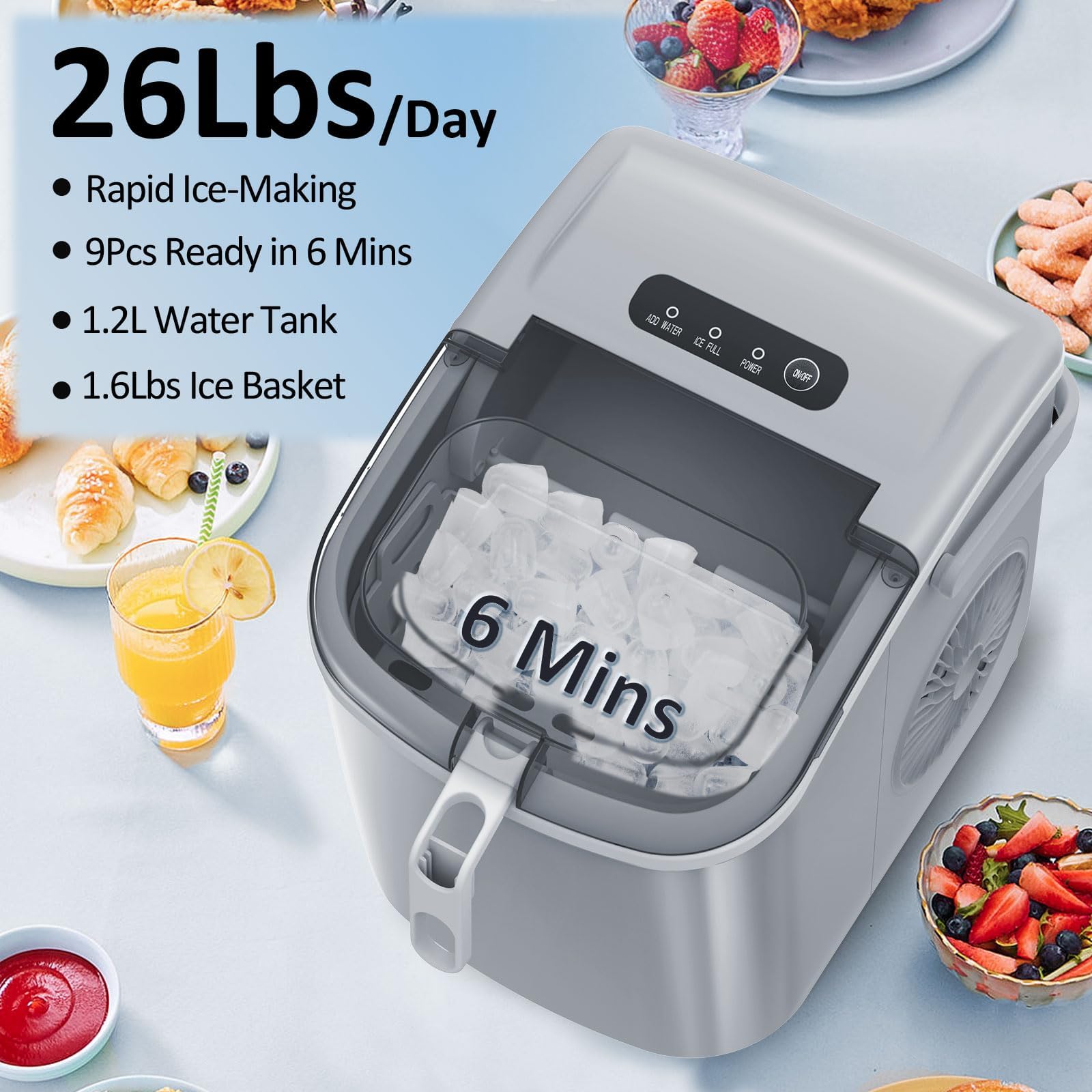 Antarctic Star Countertop Ice Maker Portable Ice Machine With Handle,Self-Cleaning Bullet Ice Makers, 26lbs/24h, 9 Ice Cubes Ready In 6 Mins For Home Kitchen Bar Party (Grey) on Fridge.com - View 3
