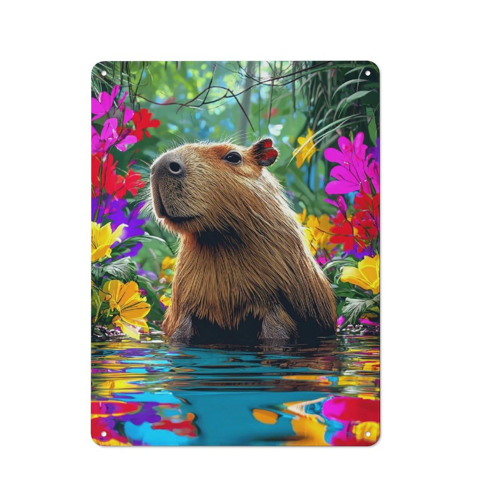 Junmoney Capybara In Vibrant Floral Paradise Retro Tin Sign 40X30cm For Lounge Or Reading Corner, For Home Wall Decor Collectors