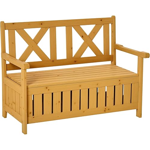 Outsunny Patio Wooden Bench with Storage Box, 29 Gallon Outdoor Storage Bench, Large Entryway Deck Box w/Unique X-Shape Back, for Deck, Porch & Balcony, Yellow