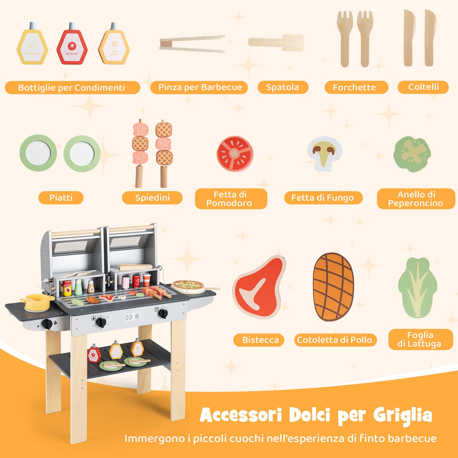 COSTWAY Set di Gioco per Barbecue in Legno per Bambini, Gioco di Griglia per Bambini con 2 Grill, Coperchi Ribaltabili, Ricchi Accessori e Cibi Giocattolo, per Bambini 3+ Anni