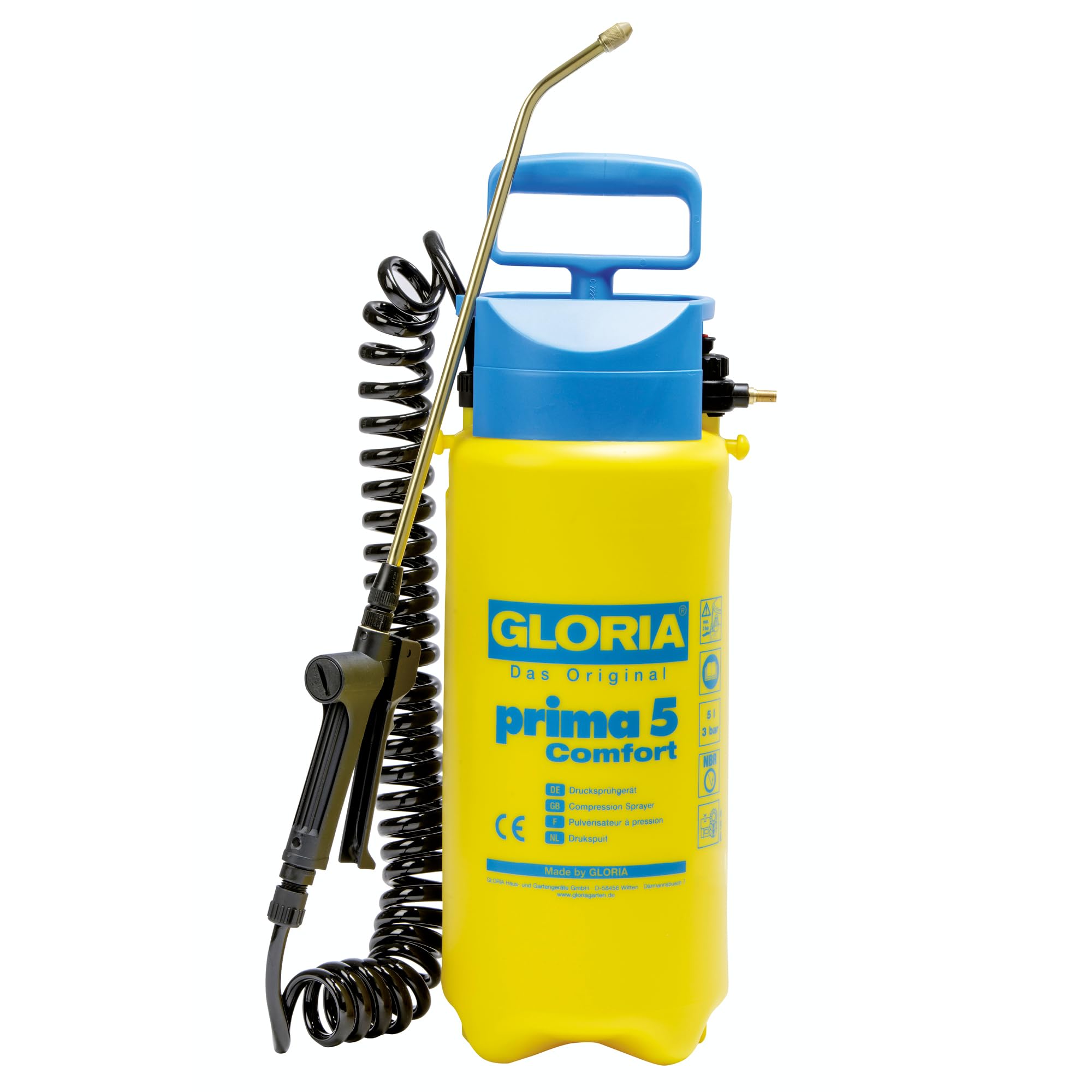 GLORIA Pulvérisateur de Jardin Prima 5 Comfort | Pulvérisateur à Pression 5 L | Tuyau spiralé 2,​5 m & raccord compresseur | Désherbage, traitements & Engrais