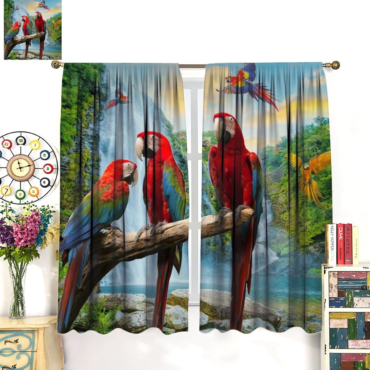 Funny Tropical Birds Parrot Blackout Curtains for Living Room,Beautiful Summer Tropical Jungle Waterfall Colorful Parrot Room Darkening Window Curtains with Rod Pocket - 2 Panels 63" L x 31.5" W
