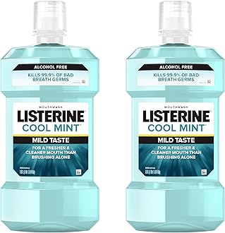 Cool Mint Alcohol-Free Mild Mouthwash, Oral Rinse Kills 99.9% of Germs That Cause Bad Breath, Less Intense Taste, Mild Mint Flavor, 1 L (Pack of 2)