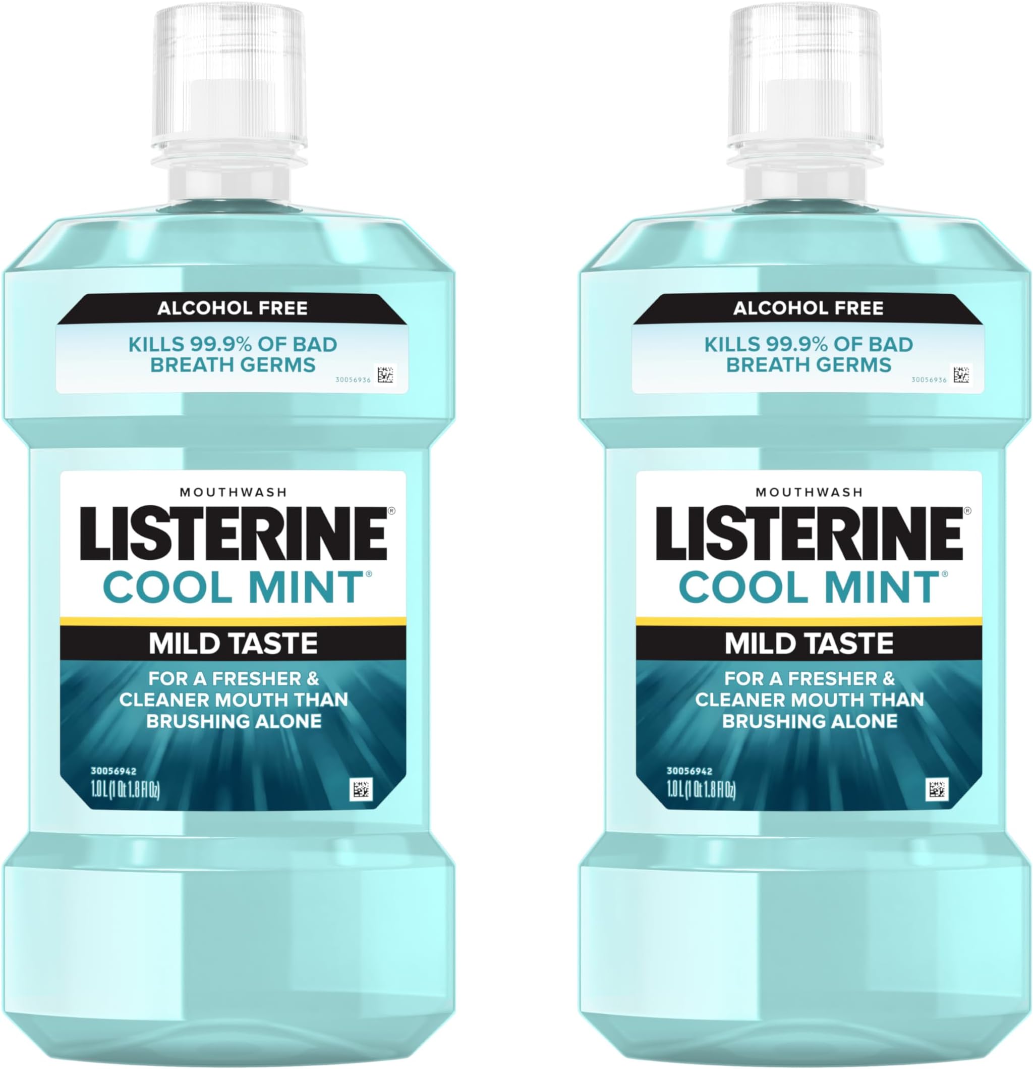 Cool Mint Alcohol-Free Mild Mouthwash, Oral Rinse Kills 99.9% of Germs that Cause Bad Breath, Less Intense Taste, Mild Mint Flavor, 1 L (Pack of 2)
