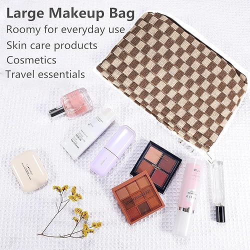 Miniatura 4 de Bolsa de maquillaje a cuadros, juego de 2 bolsas de cosméticos grandes con bolsa de brochas de maquillaje, bolsa de maquillaje pequeña para bolso,