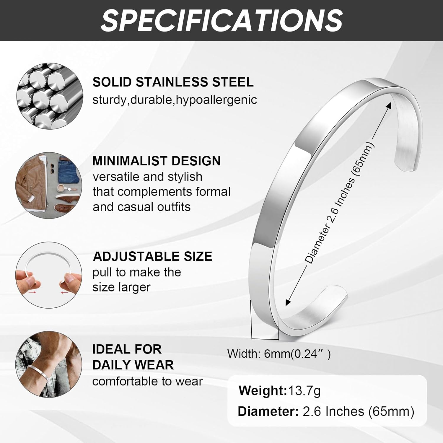 MEALGUET Stainless Steel Mens Cuff Bracelet : Minimal Cool Silver/Black/Gold Plated Open Metal Cuff Bangle Bracelets for Men,Mens Bracelet Jewelry Gift - Image 4