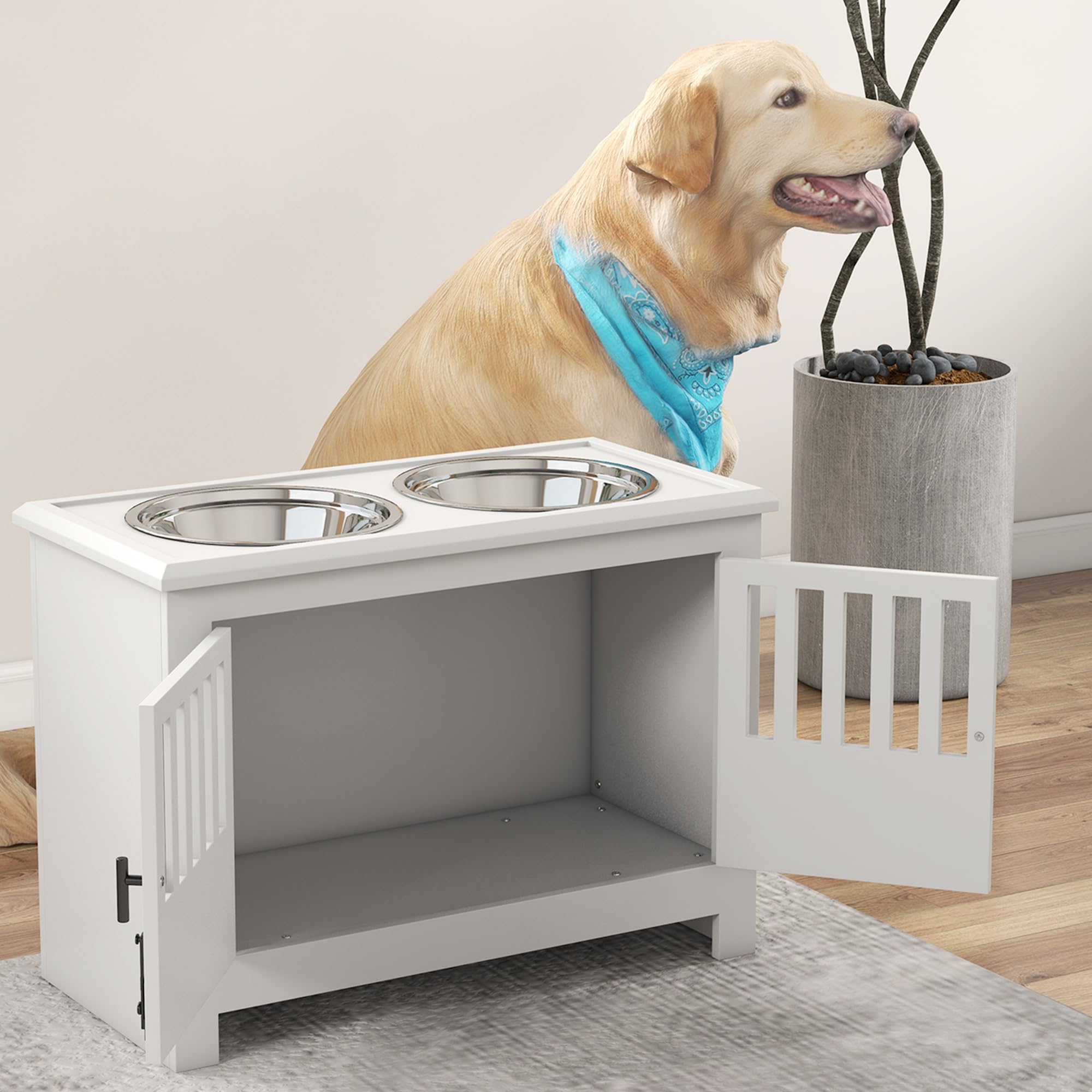 Comedero PawHut, estación de alimentación elevada con comedero de Acero Inoxidable de 2 litros, Espacio de Almacenamiento, Doble Puerta con Cerradura, Barra para Perros Extra Grandes, Blanco
