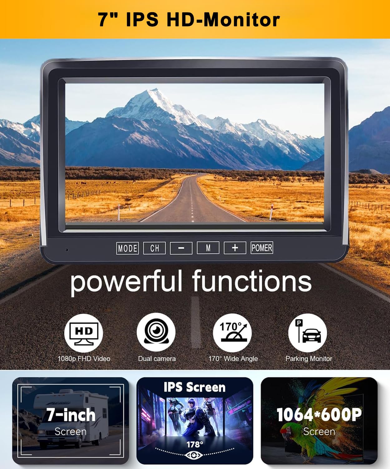 Rückfahrkamera-Set mit 7"-LCD-1080P Monitor & 170° Weitwinkel- Rückfahrkamera, IP69 wasserdicht, Nachtsicht, Stabilem Signal Backup-Kamera mit 15m Kabel,für LKW/Anhänger/Bus/Van/Landwirtschaft/Wohnmob
