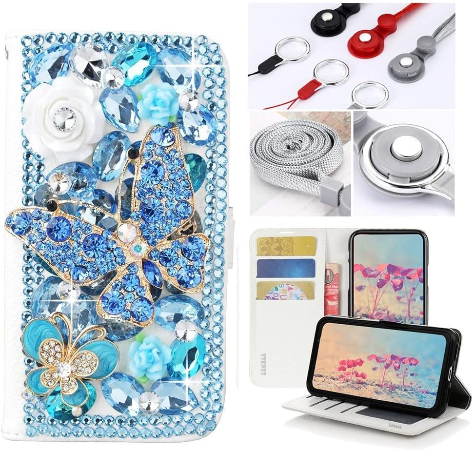 STENES Bling Wallet Phone Case Compatible with Samsung Galaxy Note 20 Ultra - Stylish - 3D Handmade Butterfly Flowers Design Leather Cover with Neck Strap Lanyard [3 Pack] - Blue