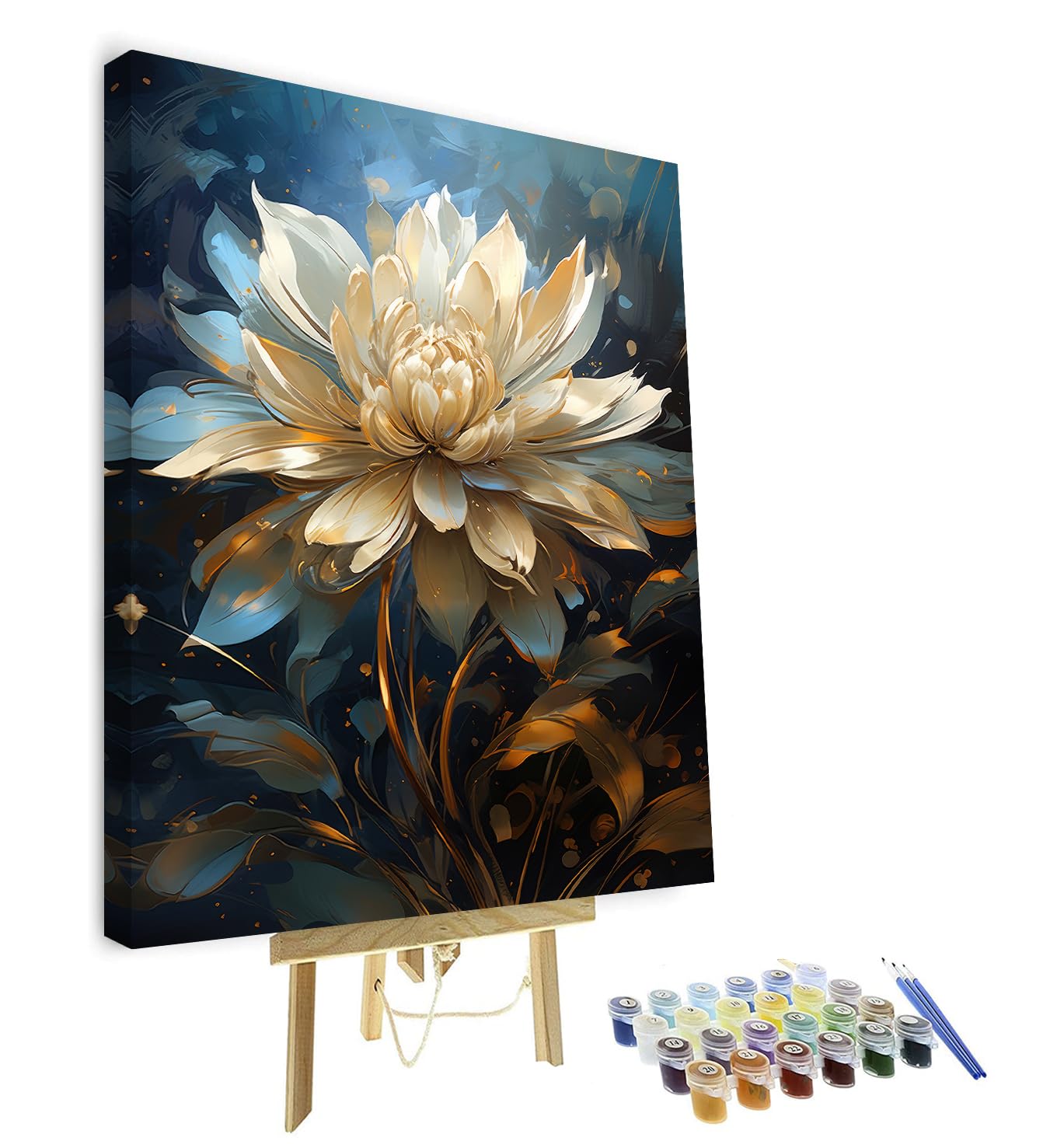 Paint by Numbers for Adults White Flower Adult Paint by Number Tan Color Flower Abstract Adults' Paint by Number Kits Blue Background Oil Painting Art Crafts Framed 16x20 in