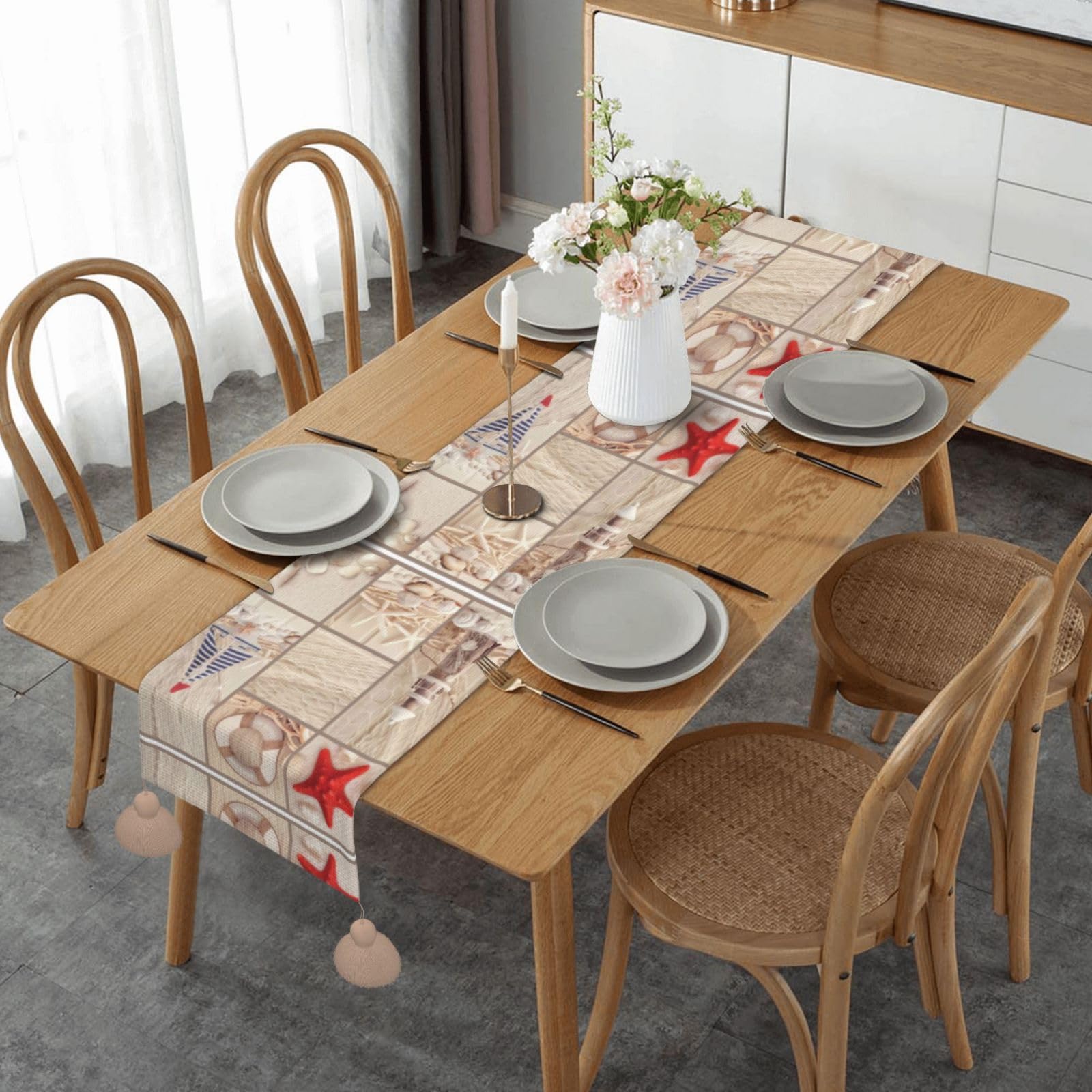 Chemin de table décoratif plage et coquillages pour table rustique