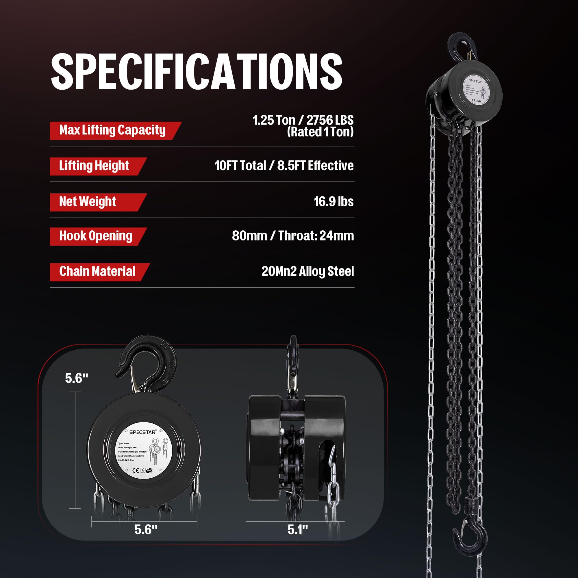 SPECSTAR 1 Ton Hand Chain Hoist - Heavy Duty Lifting -8 SPECSTAR 1 Ton Hand Chain Hoist - Heavy Duty Lifting -8