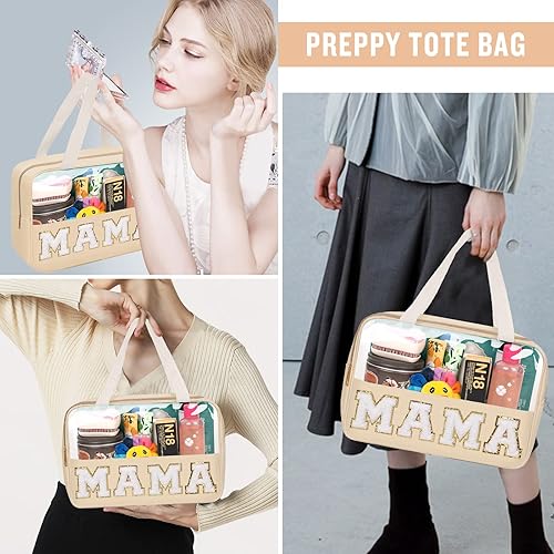 Miniatura 5 de izuzta Bolsas de maquillaje transparentes con letras de chenilla tipo tote, bolsa de maquillaje preppy con asa, Moda