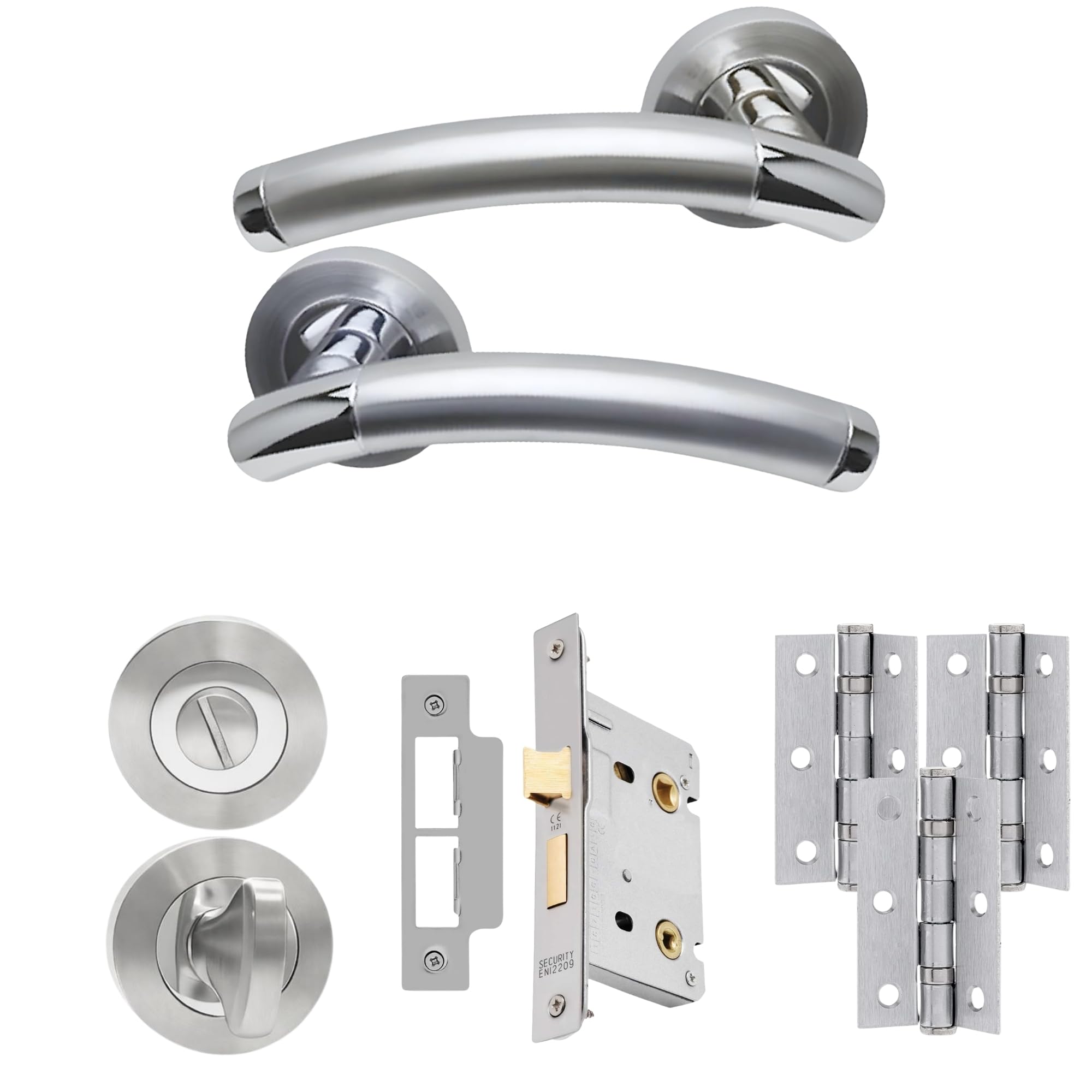 UAP Lincoln Internal Door Handles Bathroom Pack with Lock, Hinges, and Escutcheon Polished/Satin Chrome, 65mm