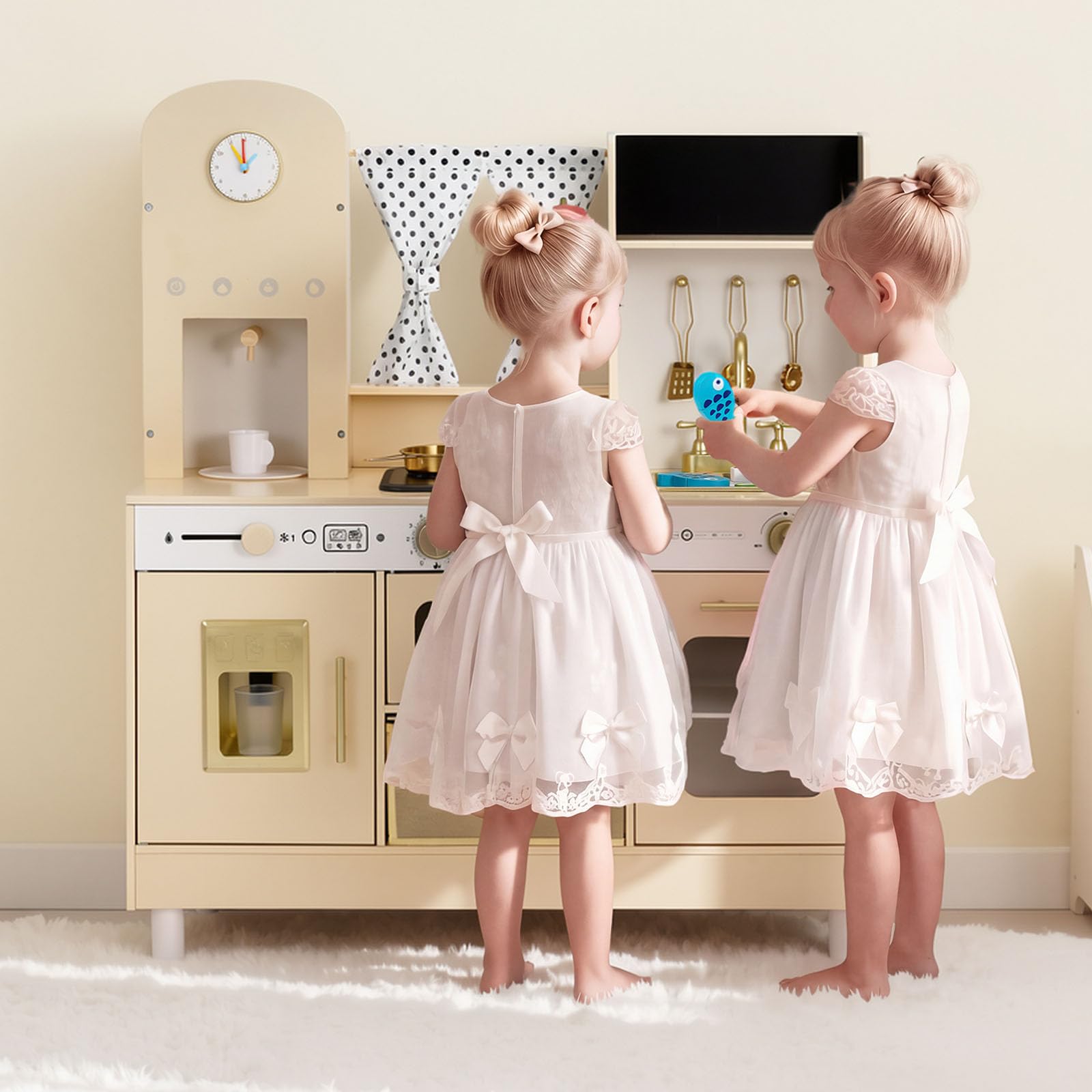VEVOR Cocina de Juguete para Niños de 3 a 8 Años, Cocinita Infantil de Madera con Luces y Sonidos, Áreas Interactivas, Accesorios, Microondas, Máquina de Hielo, Juego de Cocina con Almacenamiento