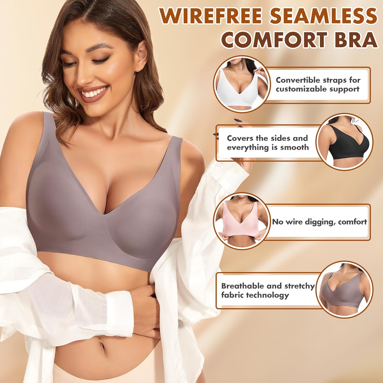 Deep V Wireless Bras for Women Seamless No Underwire Bra Comfortable Everyday Wirefree Bras - Image 3