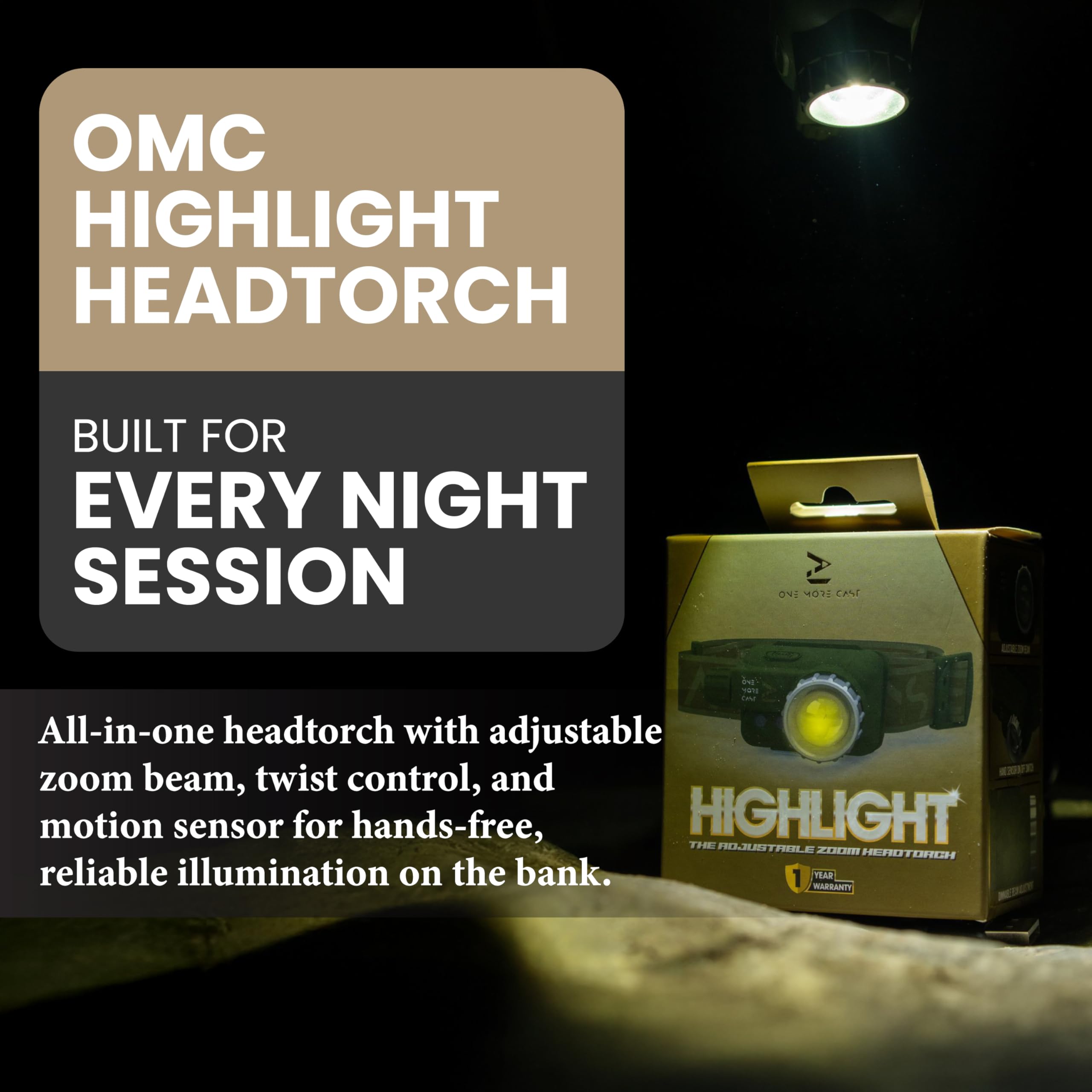 OMC Highlight Lampe frontale rechargeable USB-C jusqu'à 320 lumens | Faisceau de zoom réglable avec détecteur de mouvement et contrôle de torsion pour utilisation en extérieur et en bord de mer