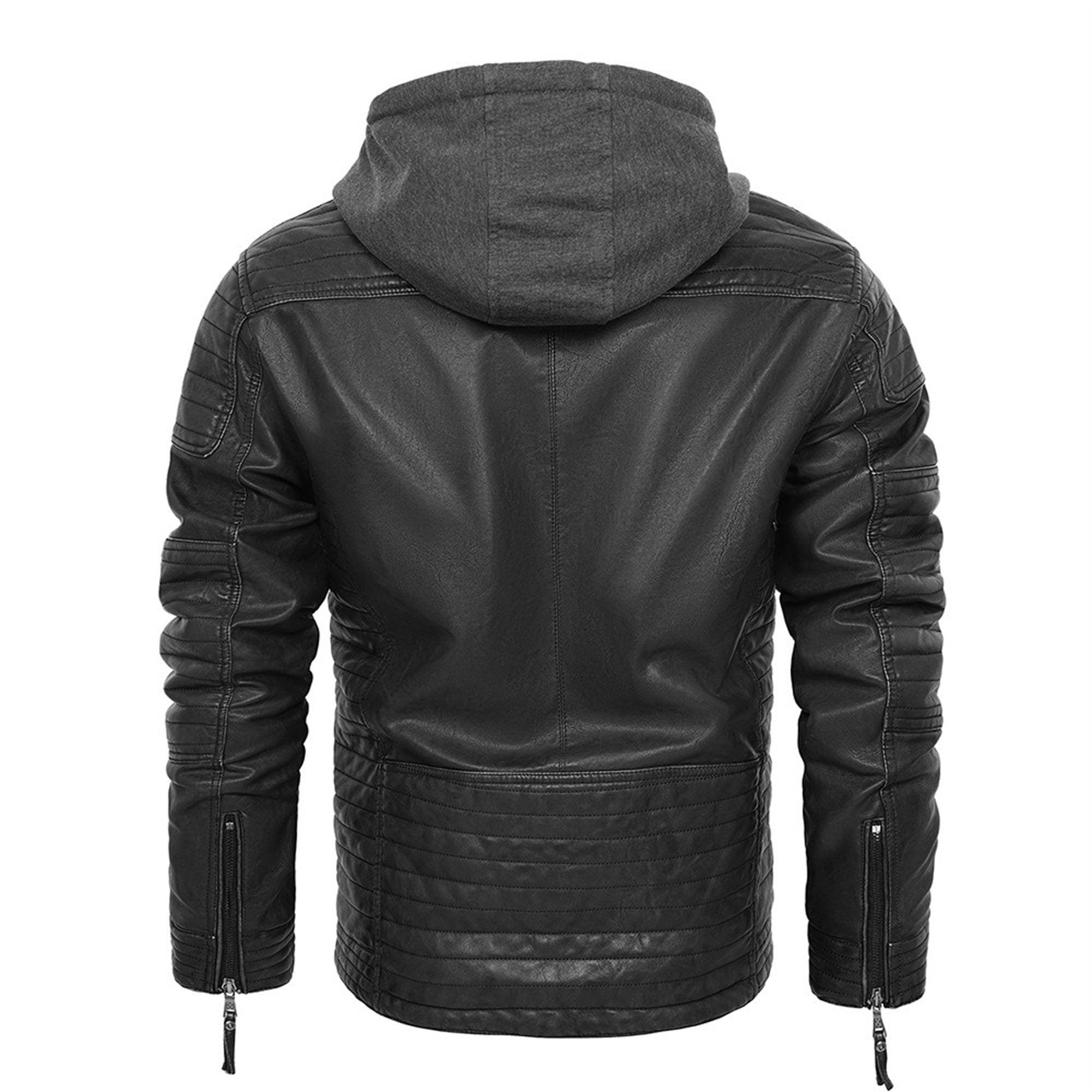 Chaqueta de motociclista retro de piel sintética para hombre, con cuello alto, cremallera y capucha extraíble, ropa abrigo informal