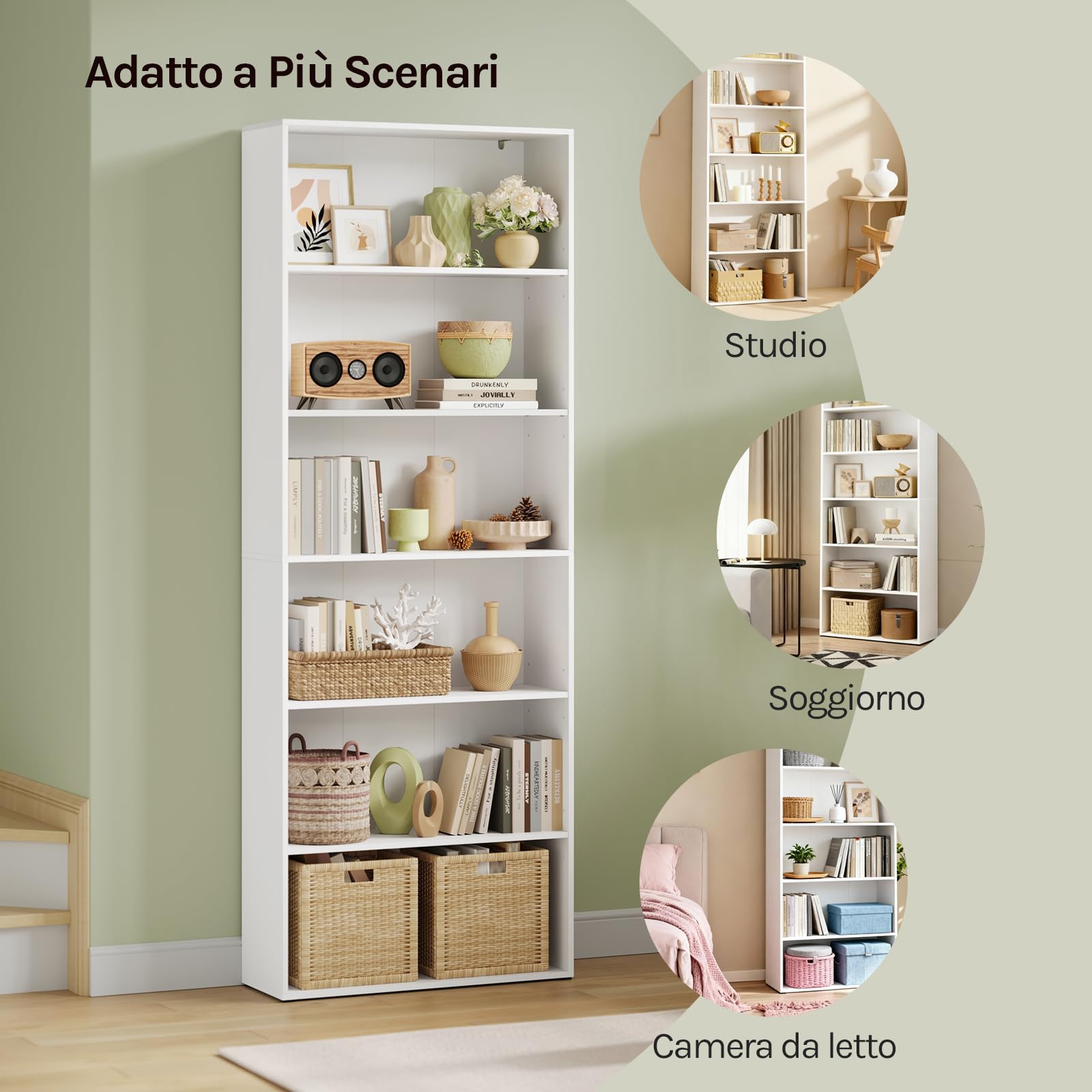 WOLTU Libreria, scaffale con 6 ripiani regolabili, scaffale aperto, divisorio in piedi, per soggiorno, ufficio, camera da letto, 60 x 180 x 23,5 cm, bianco, SK052ws