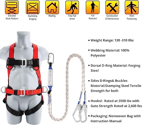 Miniatura 2 de Safety Harness Fall Protection Kit - Full Body Roofing harnesses with Shock Absorbing Lanyard Upgrade Paded
