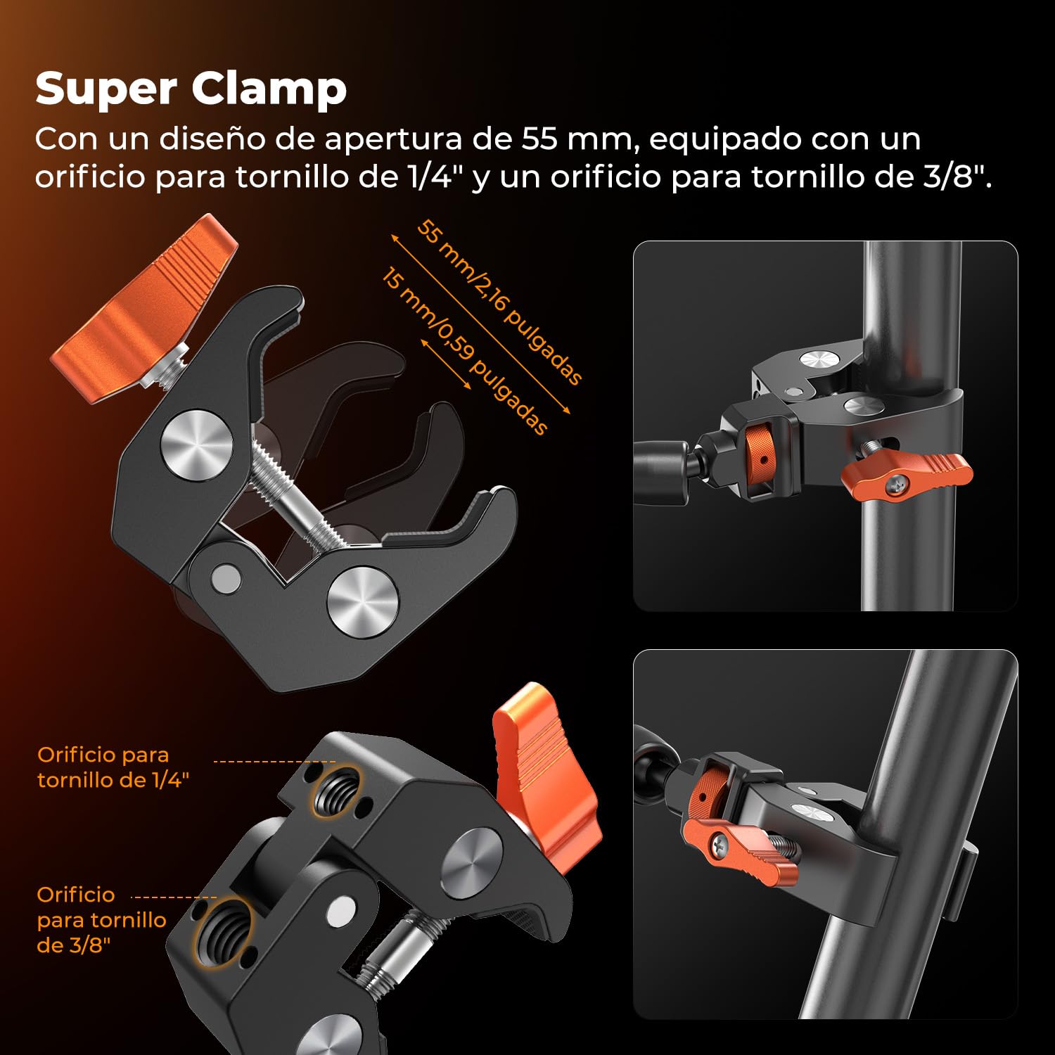K&F CONCEPT Brazo Mágico 11 Pulgadas con Super Clamp Pinza, Magic Arm con Súper Abrazadera con Tornillos de 1/4" y 3/8" para Monitor Luz LED Cámara de Acción, Carga máxima: 2KG