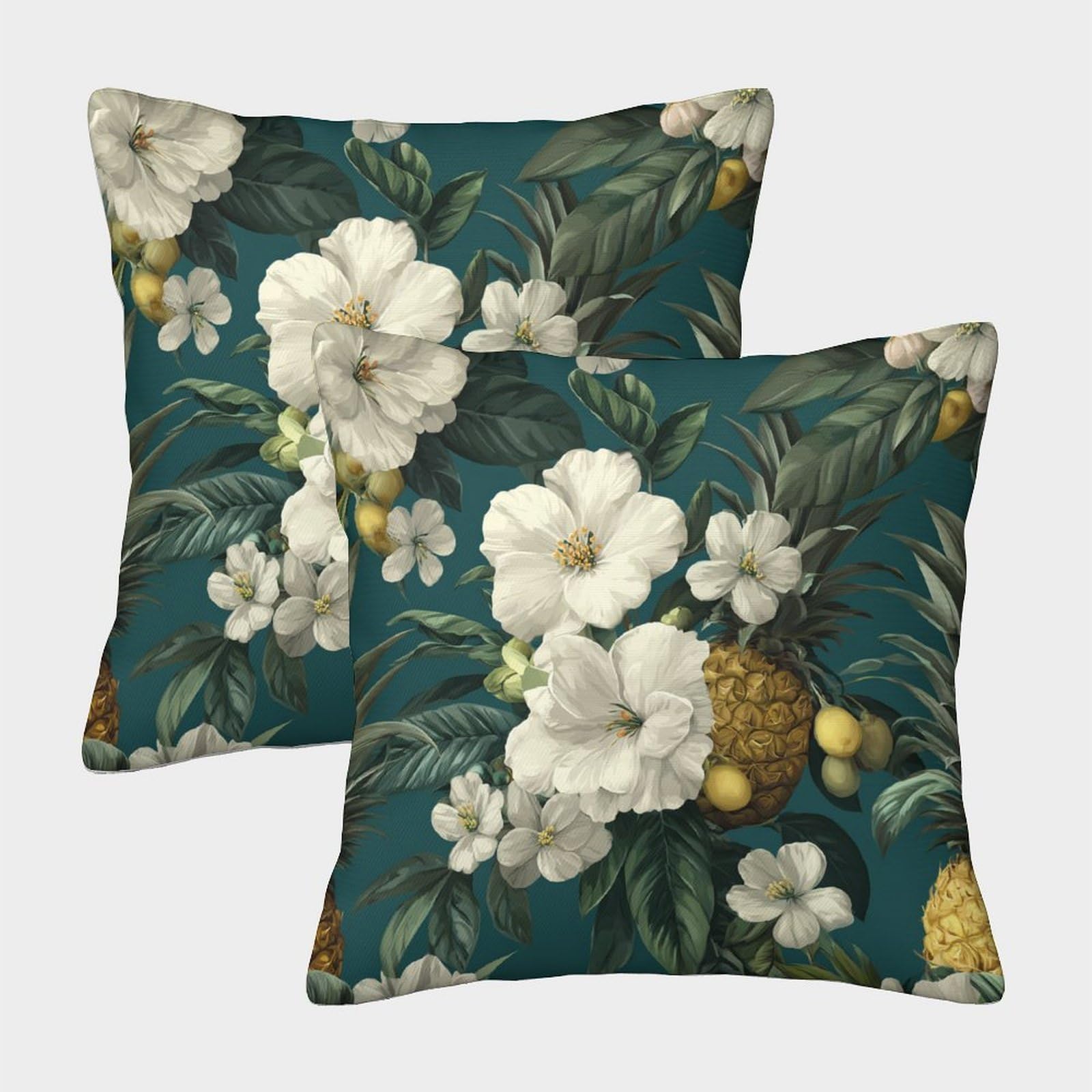 kaiyun 2 Pack White Tropical Flowers, Green Leaves And Pineapple Pillow Case 45x45cm 3D Printing Cushion Cover,home Decoration Sofa Cushion