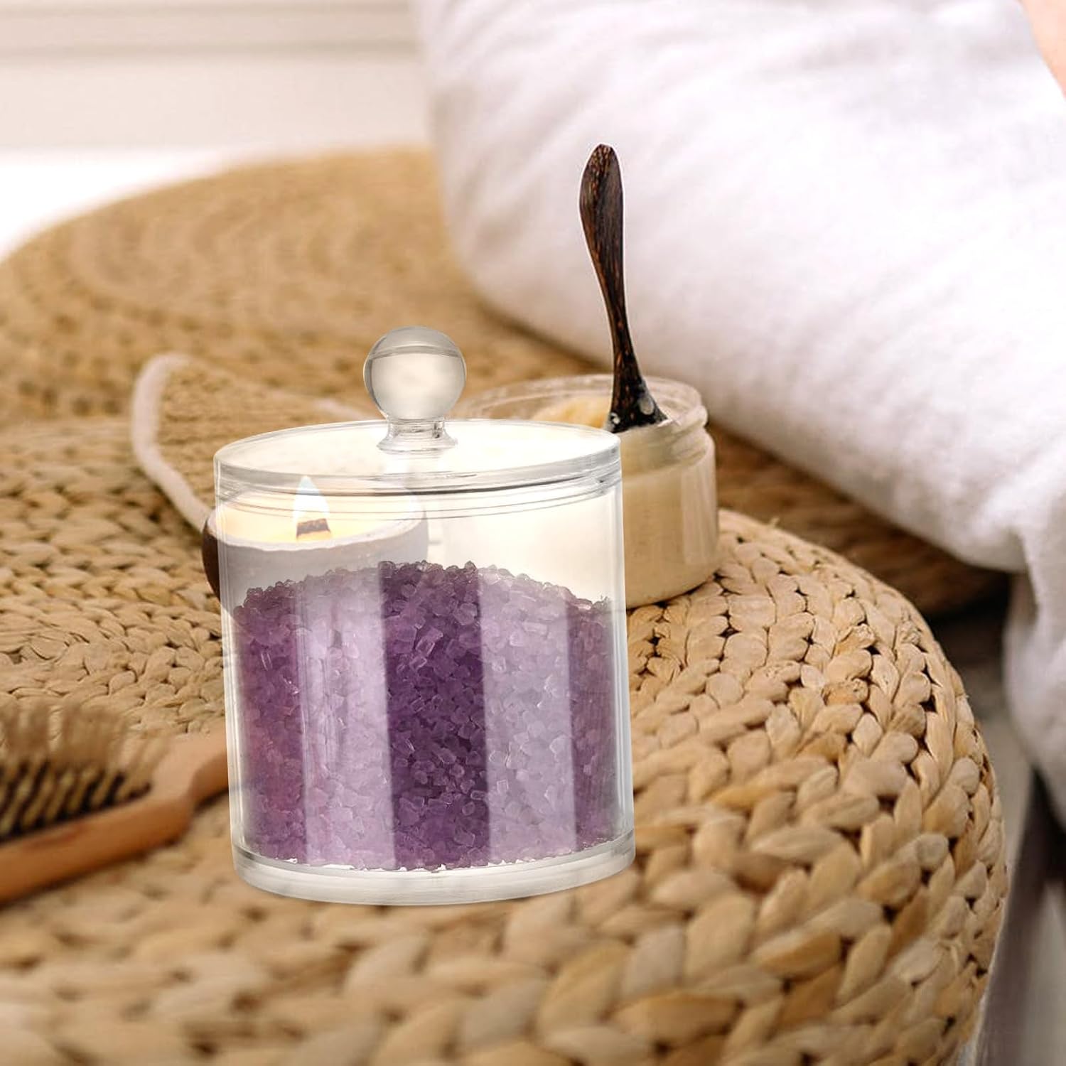 SOLUSTRE 3pcs Plastic Storage Jars Bathroom Apothecary Canisters with Lids Cotton Ball Holder Makeup Cotton Organizer Vanity Storage Set