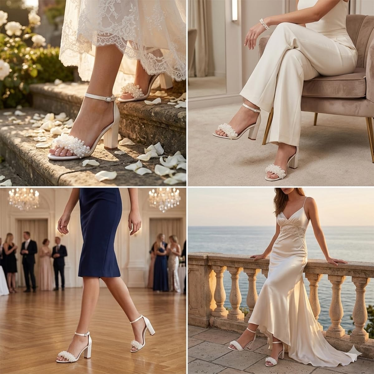 Grappoli di Perle Sandali in Raso per Donna, Tacco Largo 8,5cm, Scarpe da Sposa Romantiche ed Eleganti con Cinturino alla Caviglia per Matrimonio