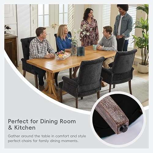 Miniatura 7 de Sillas de comedor tapizadas de felpilla copetuda con brazos y ribete de clavos, marco y patas de madera maciza, casa de campo moderna para comedor,