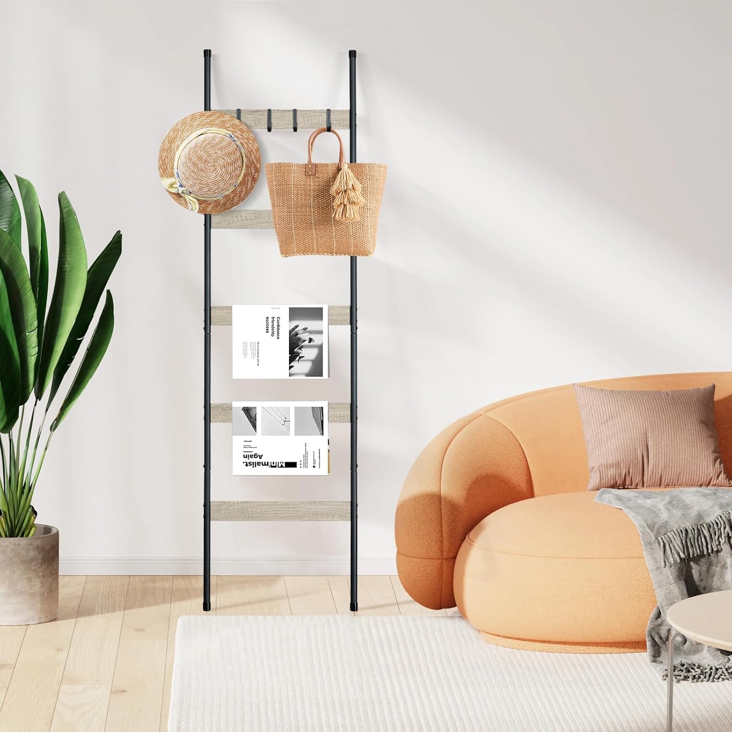 ELYKEN Blanket Ladder for Living Room, Farmhouse 5-Tier Quilt Holder with 4 Removable Hooks for Bathroom, Wood Towel Rack Display, Wall Anchor Leaning Decorative Stand for Home, White Oak White Oak 17.3" x 63" image 7 of 8 B0BXWSHH5Z