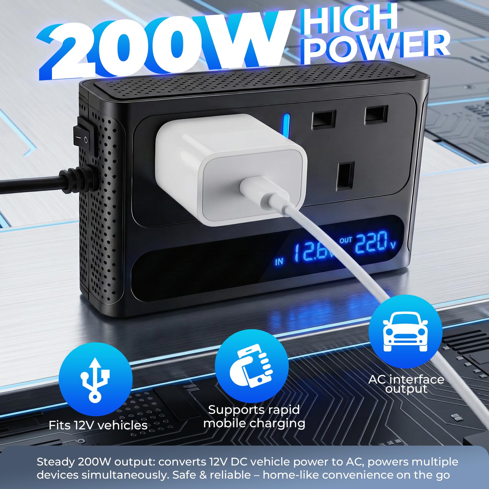 Inversor de corriente para coche de 12 V a 240 V