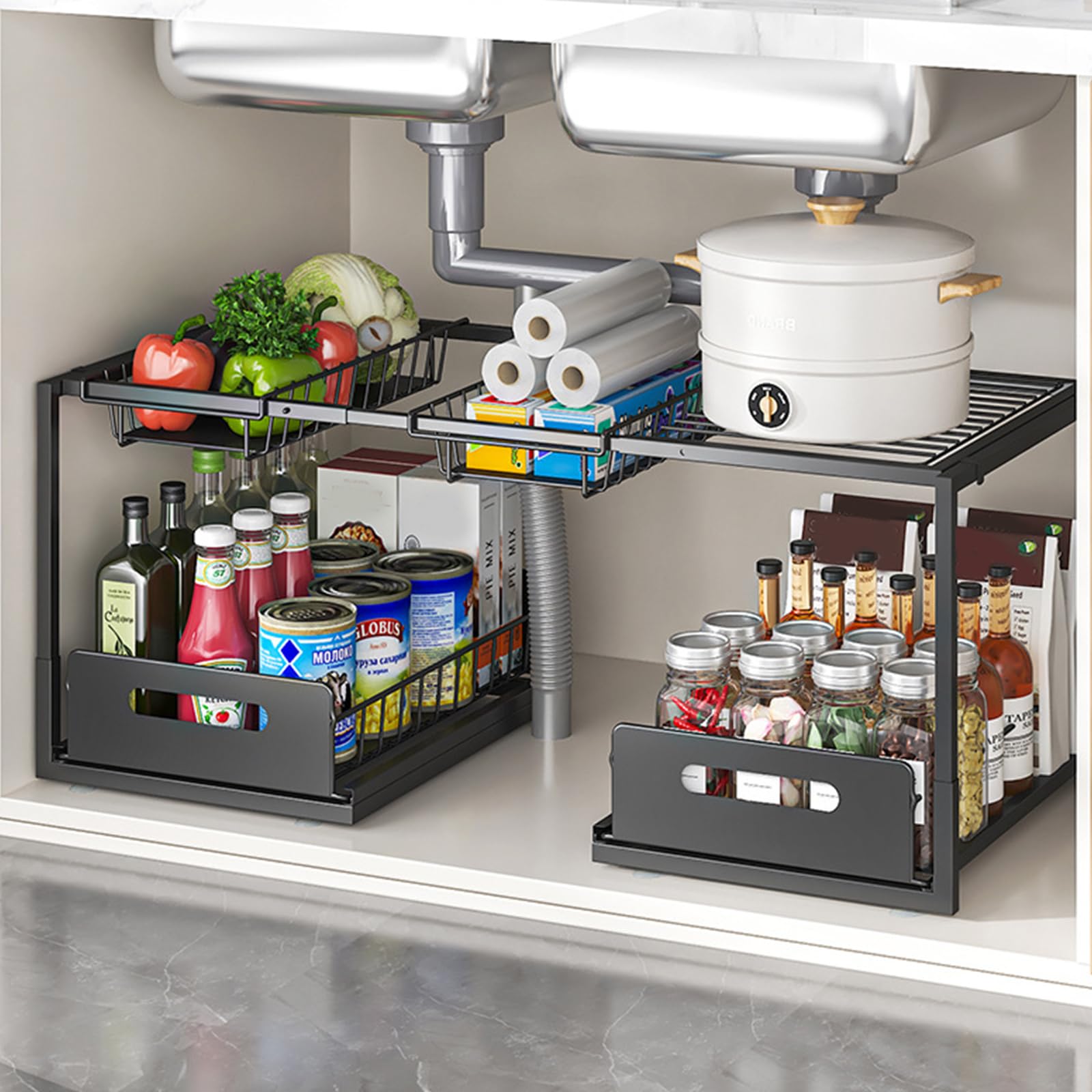 Organizer per mobiletto sottolavello a 2 ripiani, lunghezza regolabile, 65-73 cm, estensibile con 2 cassetti, in metallo, per cucina e bagno