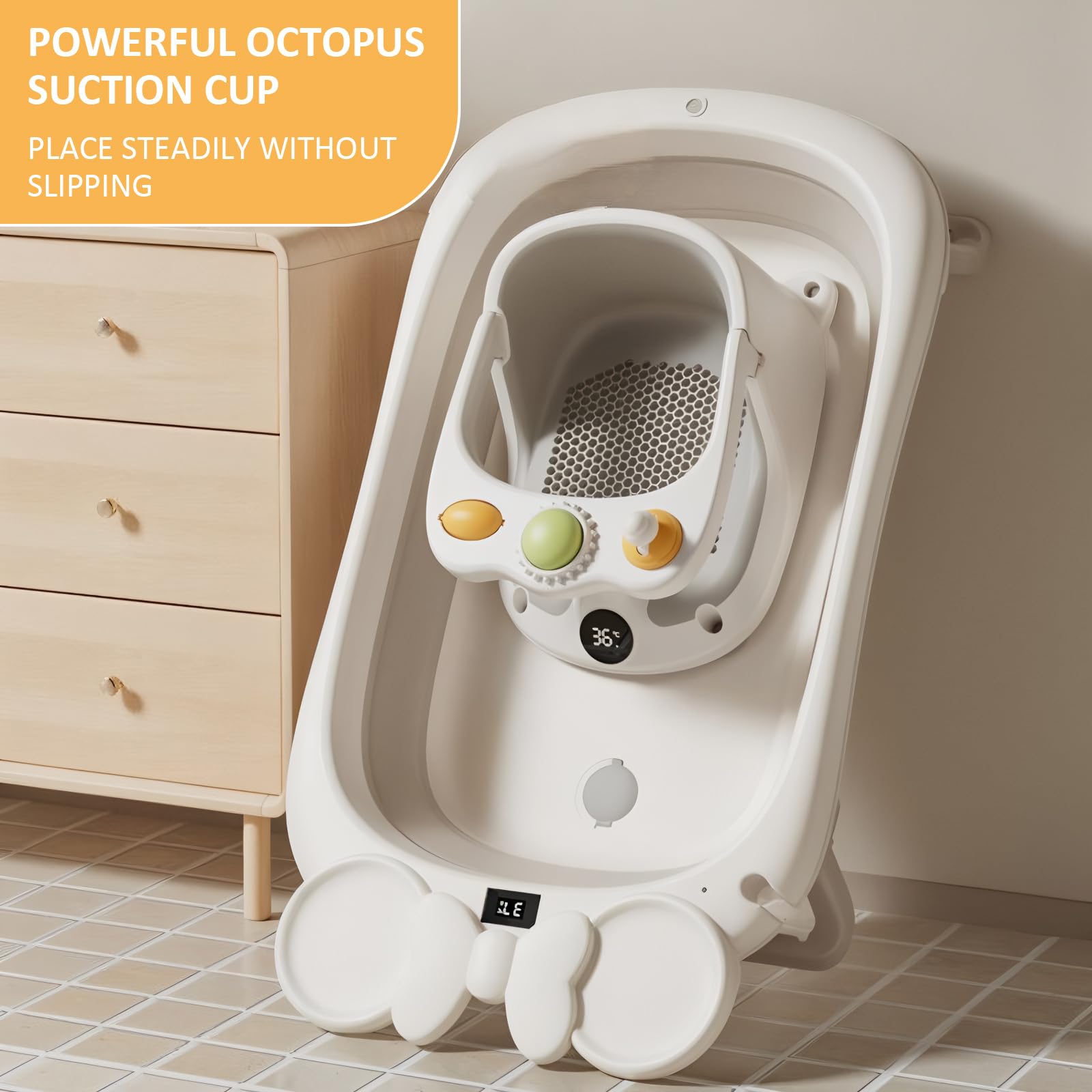 Vinteky Baby Badesitz Badewannensitz Sitzhilfe grau, Ab 6 Monate, Rutschfeste und hoher Sitzkomfort 360° Rundumschutz, mit Activity-Board&Temperaturfühler&4-starken Saugnäpfen