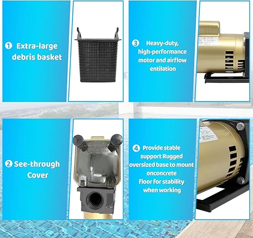 Miniatura 7 de Super Pool Pump 3HP 115230V de velocidad única compatible con Hayward Super Pump, bomba de una sola velocidad para piscinas o spas sobre el suelo,