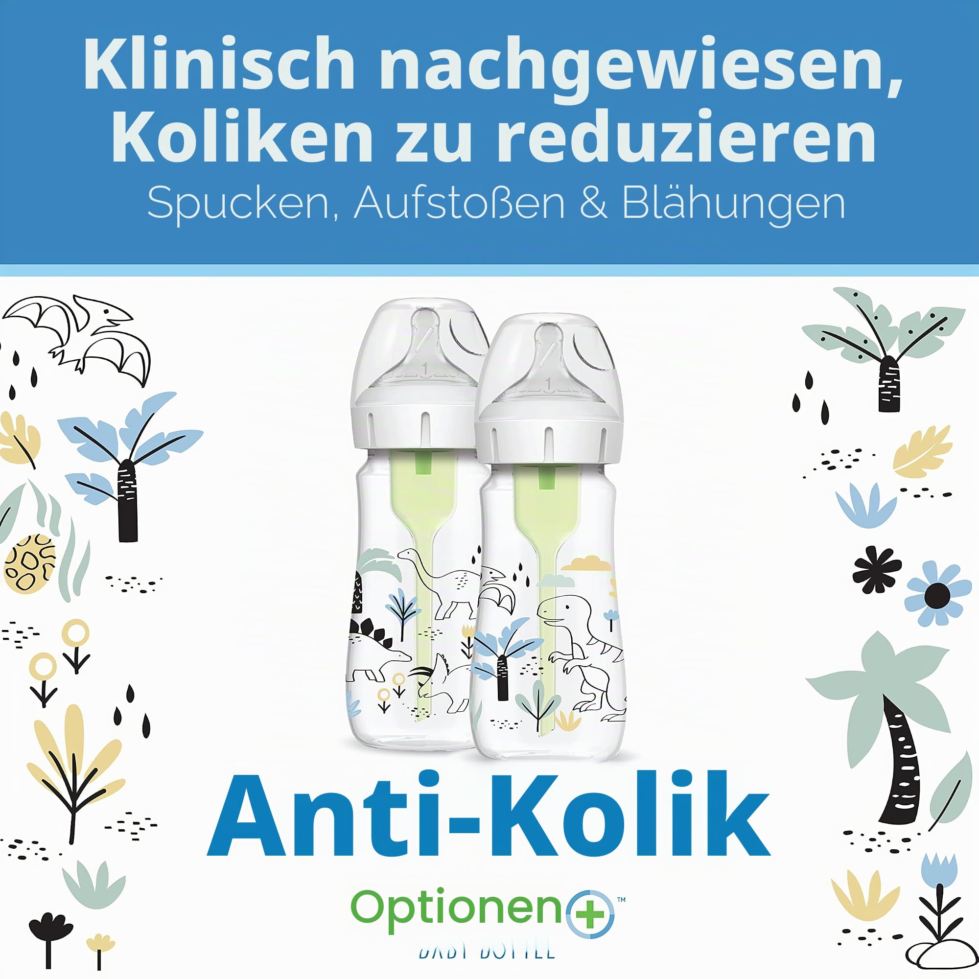 Dr. Brown's Natural Flow® Anti-Colic Options+™ Weithals-Babyflasche, Designer-Edition-Flaschen, Dino Decos, 270 ml, Level 1 Nippel, 2er-Pack, ab 0 Monaten