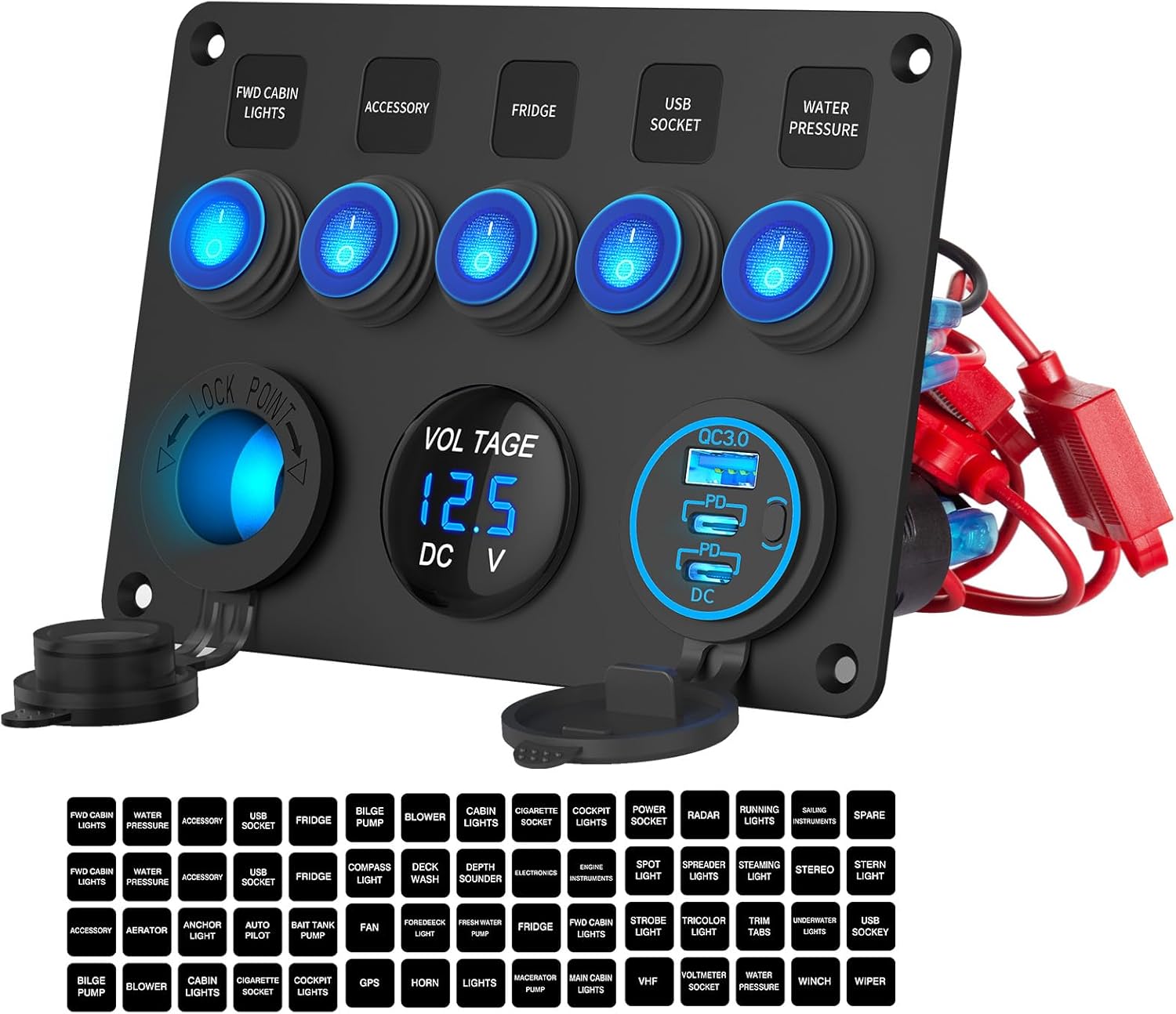 12V 24V 5 Gang ON Off Rocker Switch Pre-Wired Aluminum Panel Waterproof with 78W Triple USB Ports Car Charger, LED Digital Voltmeter and Cigarette Lighter Socket for Car Boat Truck RV UTV, 15A Fuses