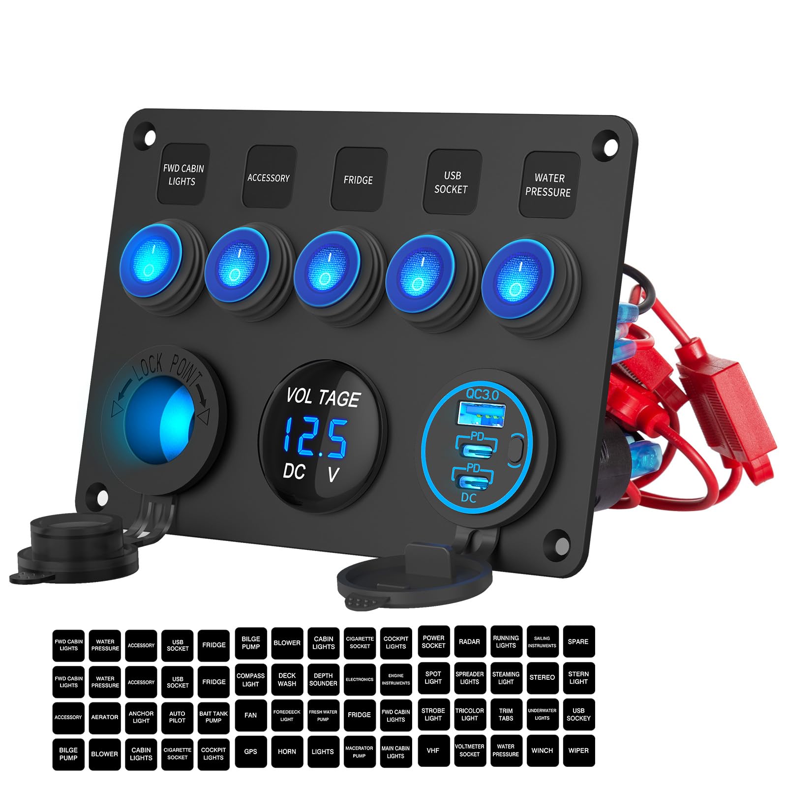 12V 24V 5 Gang Rocker Switch ON OFF Aluminum Panel Pre-wired Waterproof with Triple USB Ports Car Charger 78W, LED Digital Voltmeter and Cigarette Plug for Car Boat