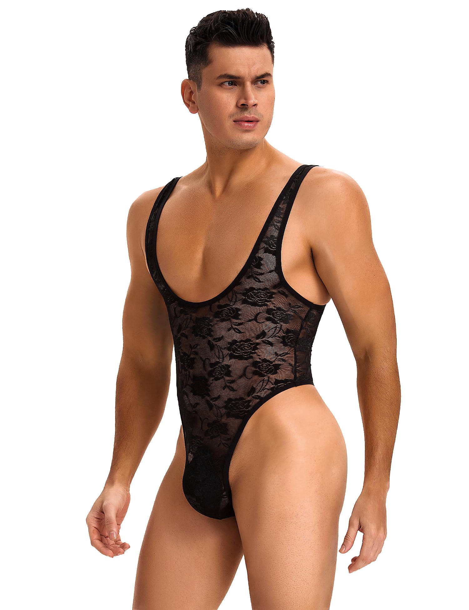 Body de encaje para hombre, body sexy, sin mangas, ropa interior transparente, tallas grandes, body de encaje, negro, verano, una pieza, lencería para hombres, fiestas, clubwear para