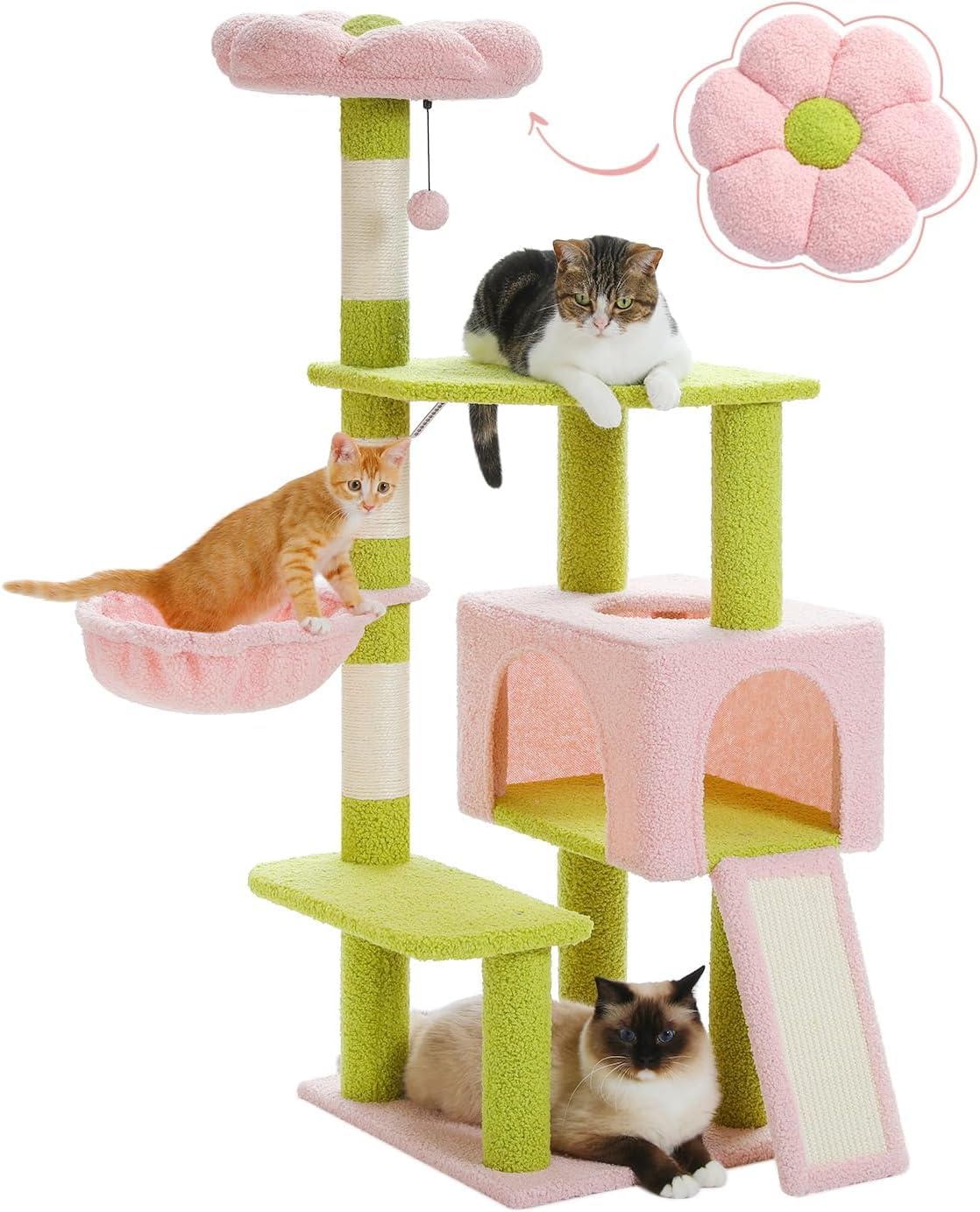 120cm/47.2" Flower Multi-Level Cat Tower with Sisal Covered Scratching Posts, Cute Cat Condo for Indoor Small Medium Cats, Pink Top Perch, Ramp, Fluffy Ball (Pink, Large)